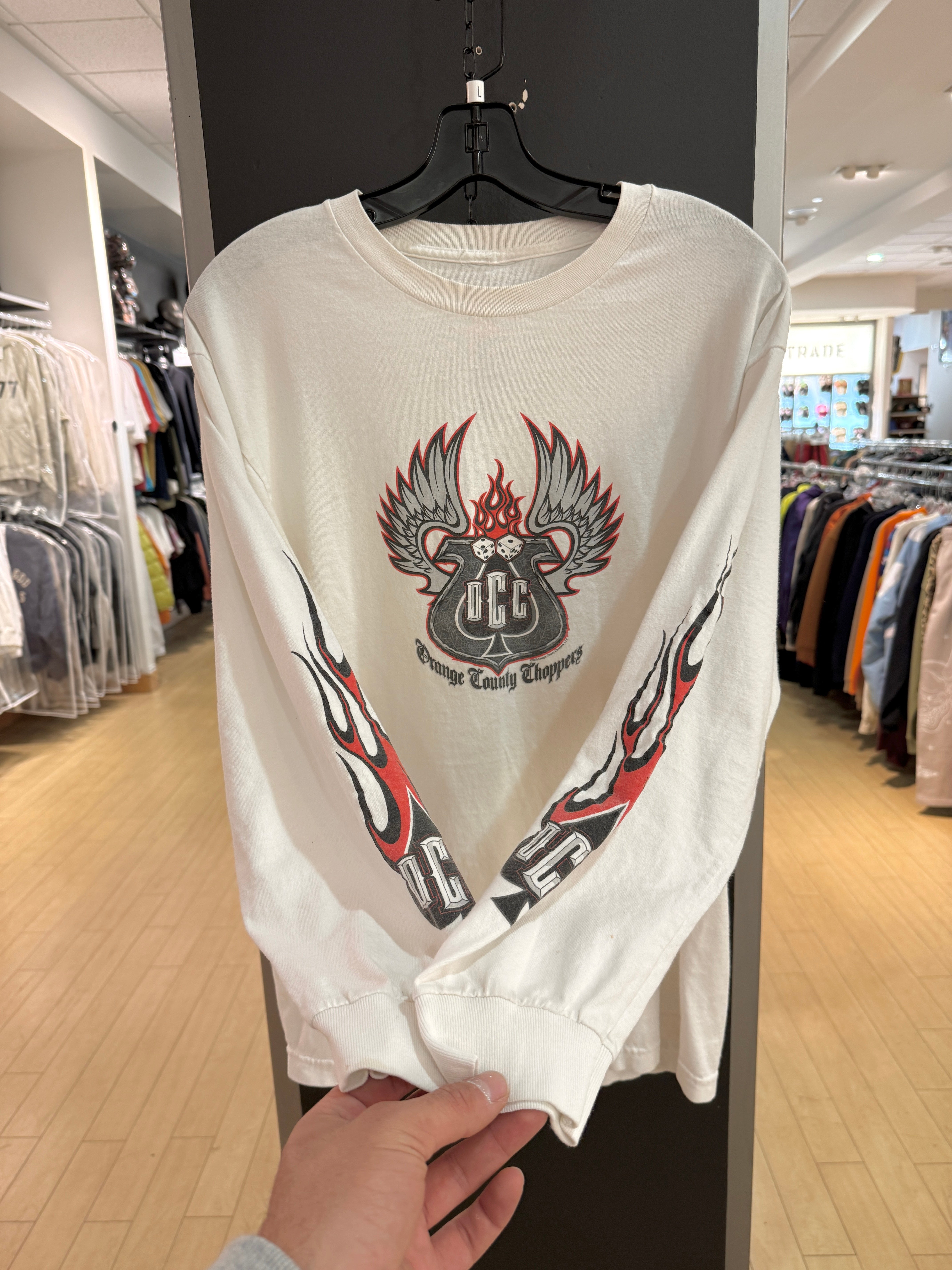 2003 Orange County Choppers White / Red Flame Long Sleeve Tee Size L