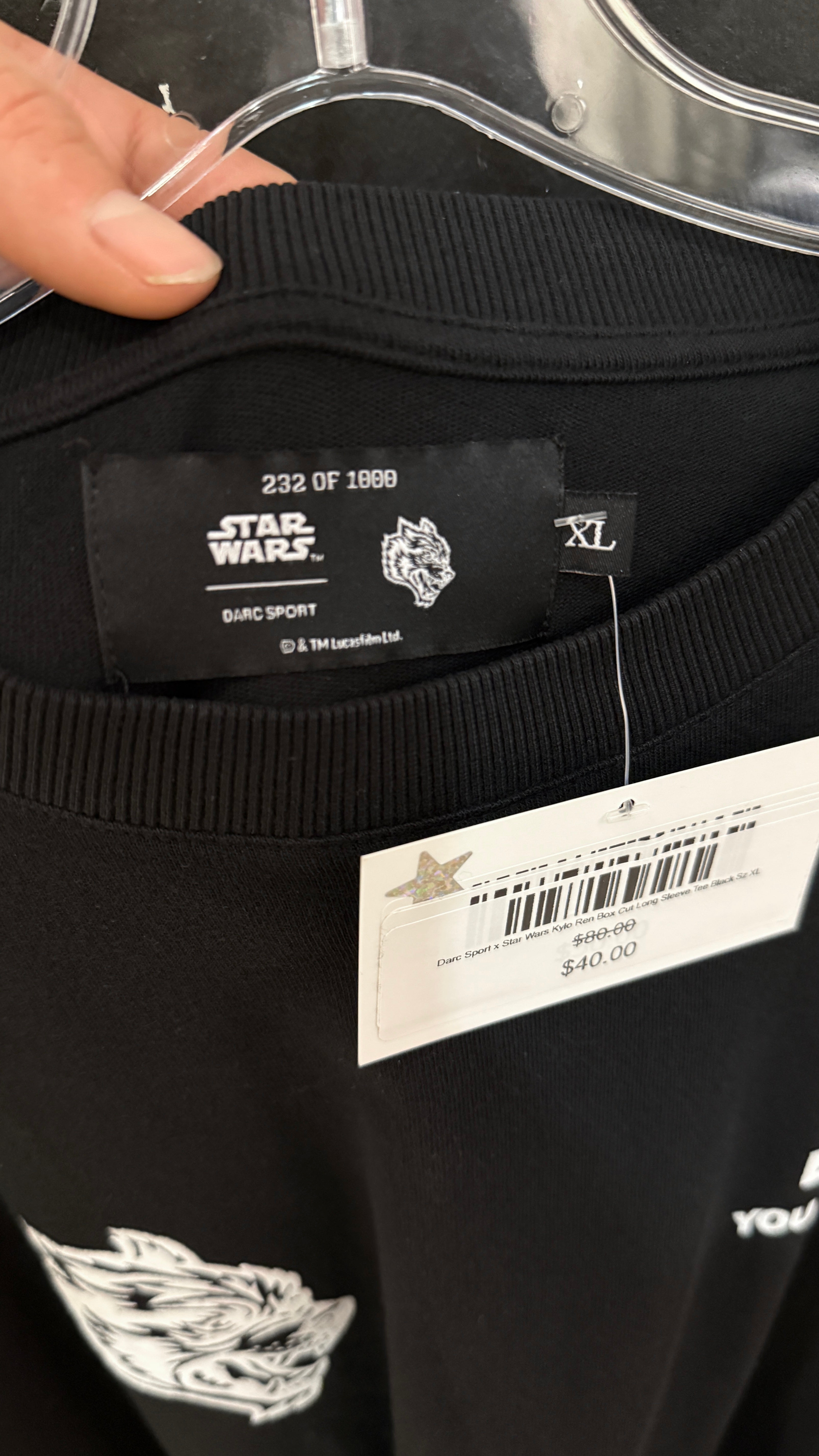 Darc Sport x Star Wars Kylo Ren Box Cut Long Sleeve Tee Black Sz XL