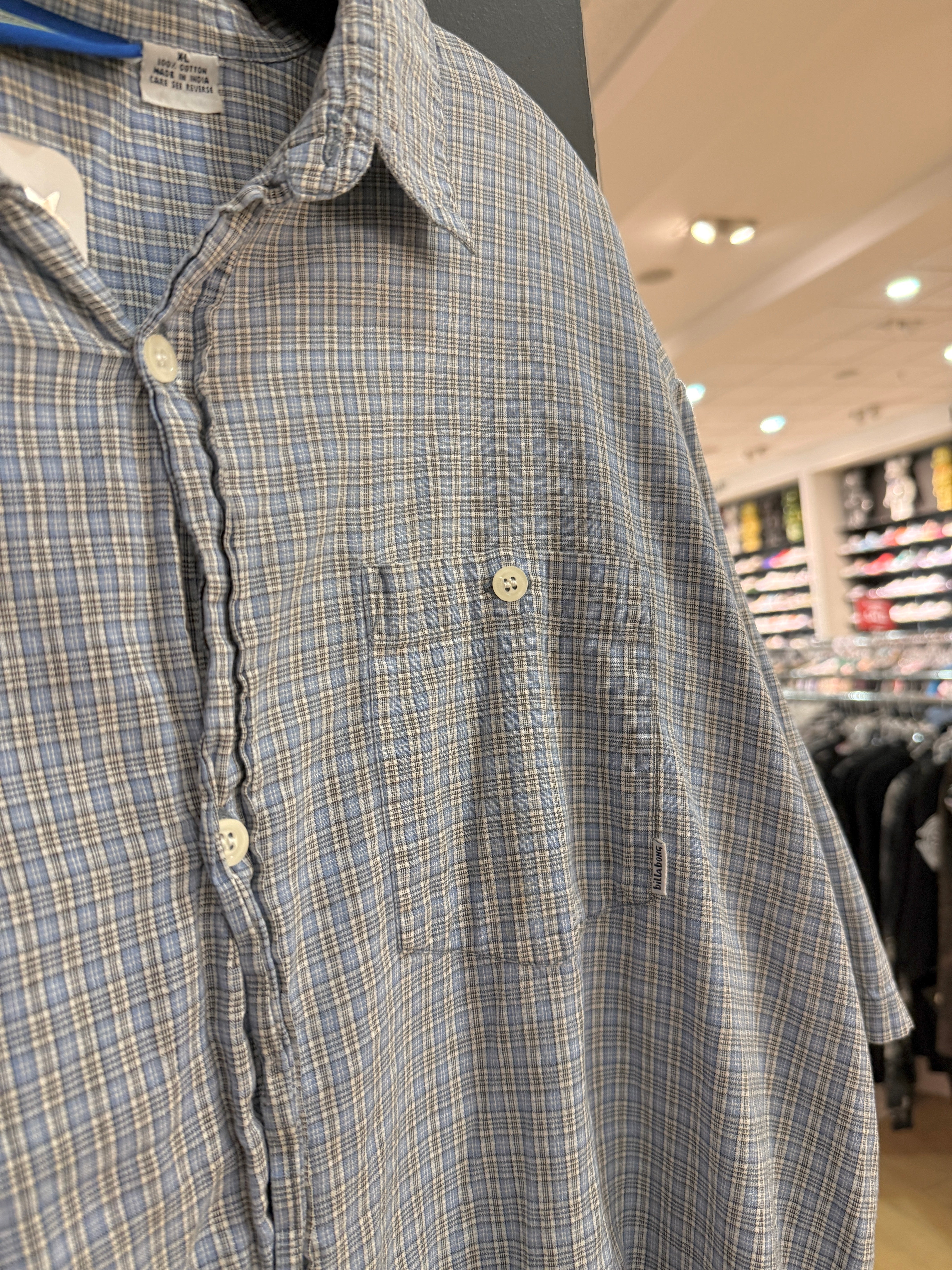 90s Billabong Baby Blue Micro Plaid Short Sleeve Button Up Size XL