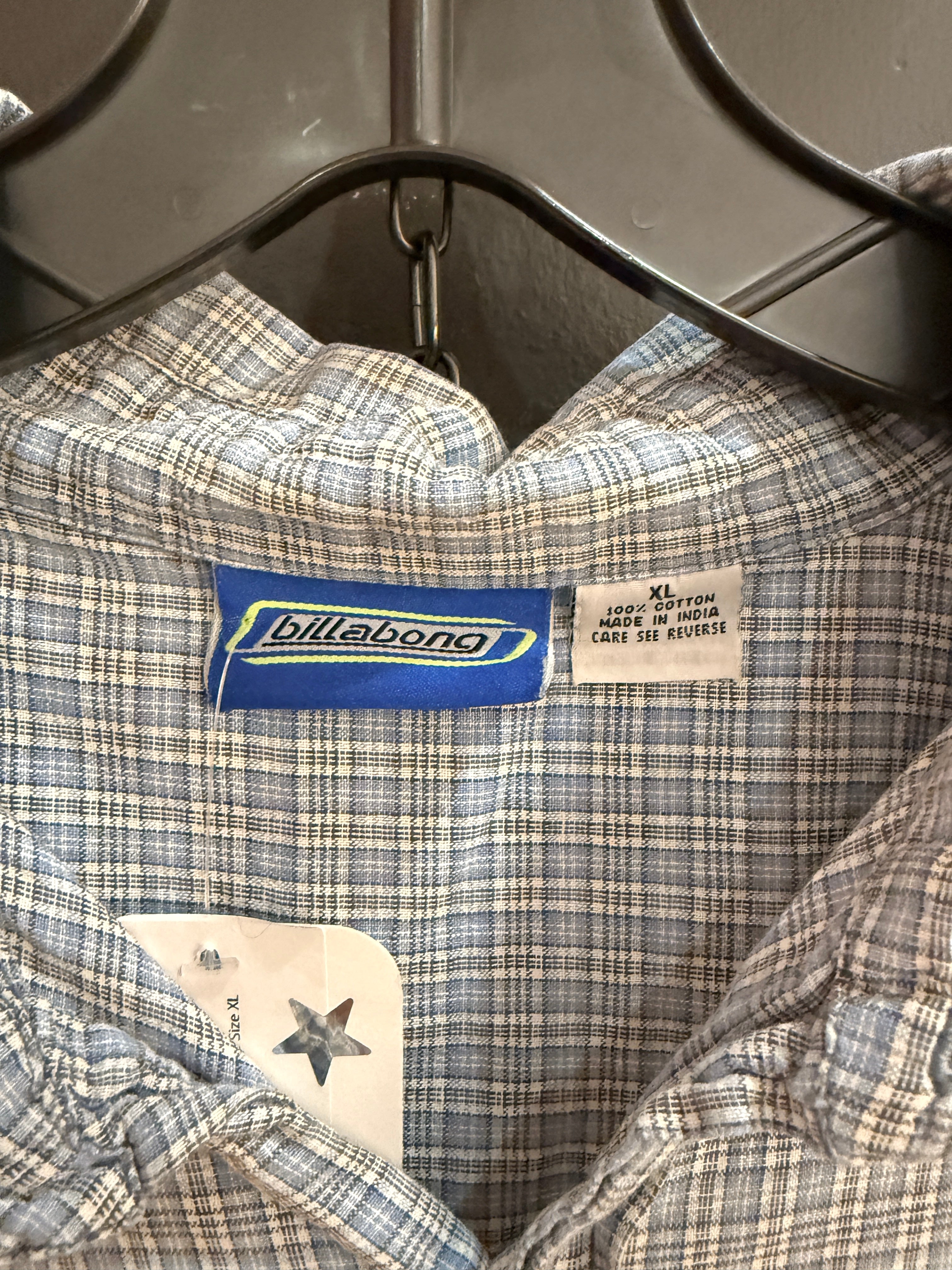 90s Billabong Baby Blue Micro Plaid Short Sleeve Button Up Size XL