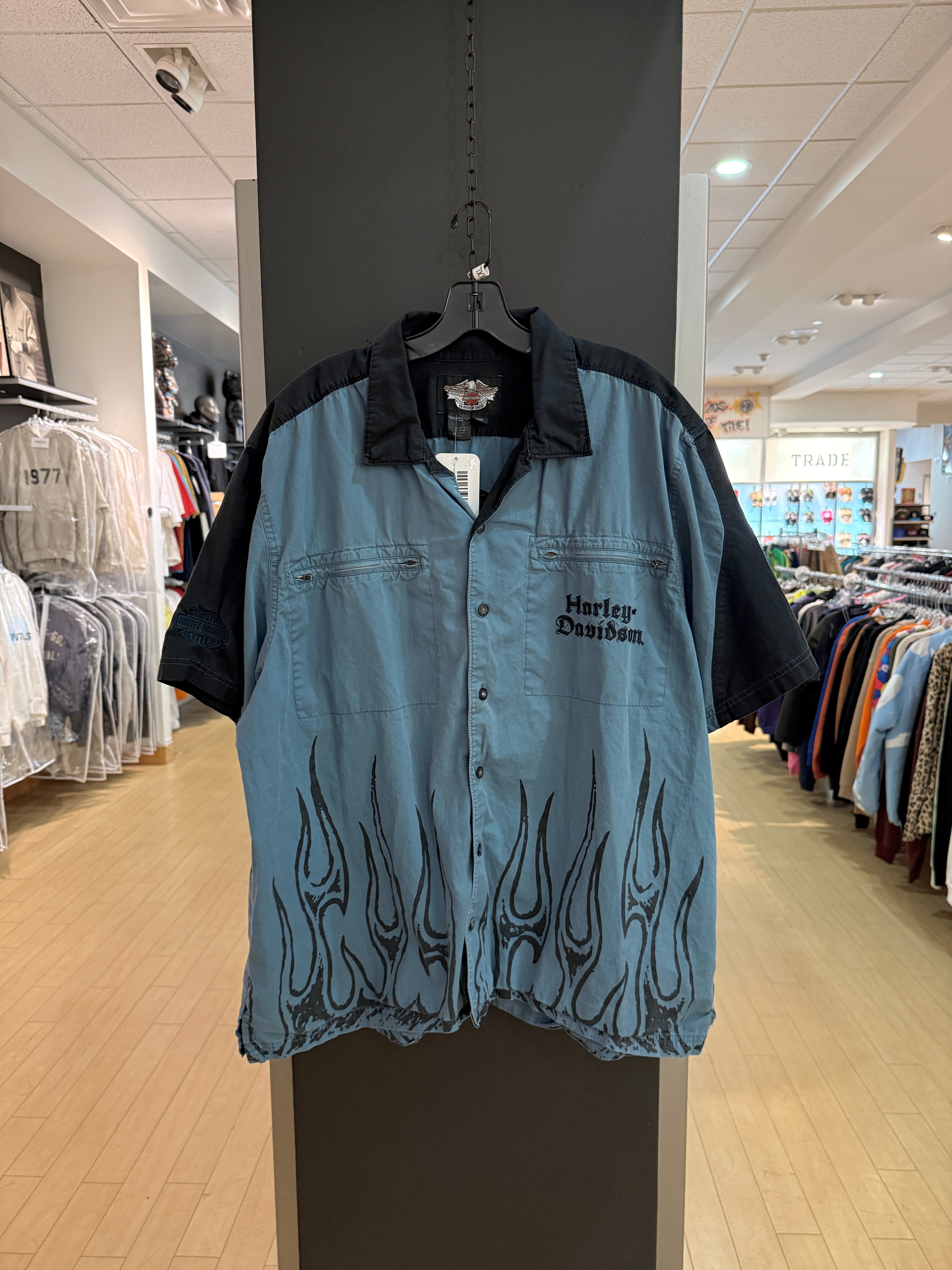 Y2K Harley Davidson Fire Skull Button Up Slate Size XXL