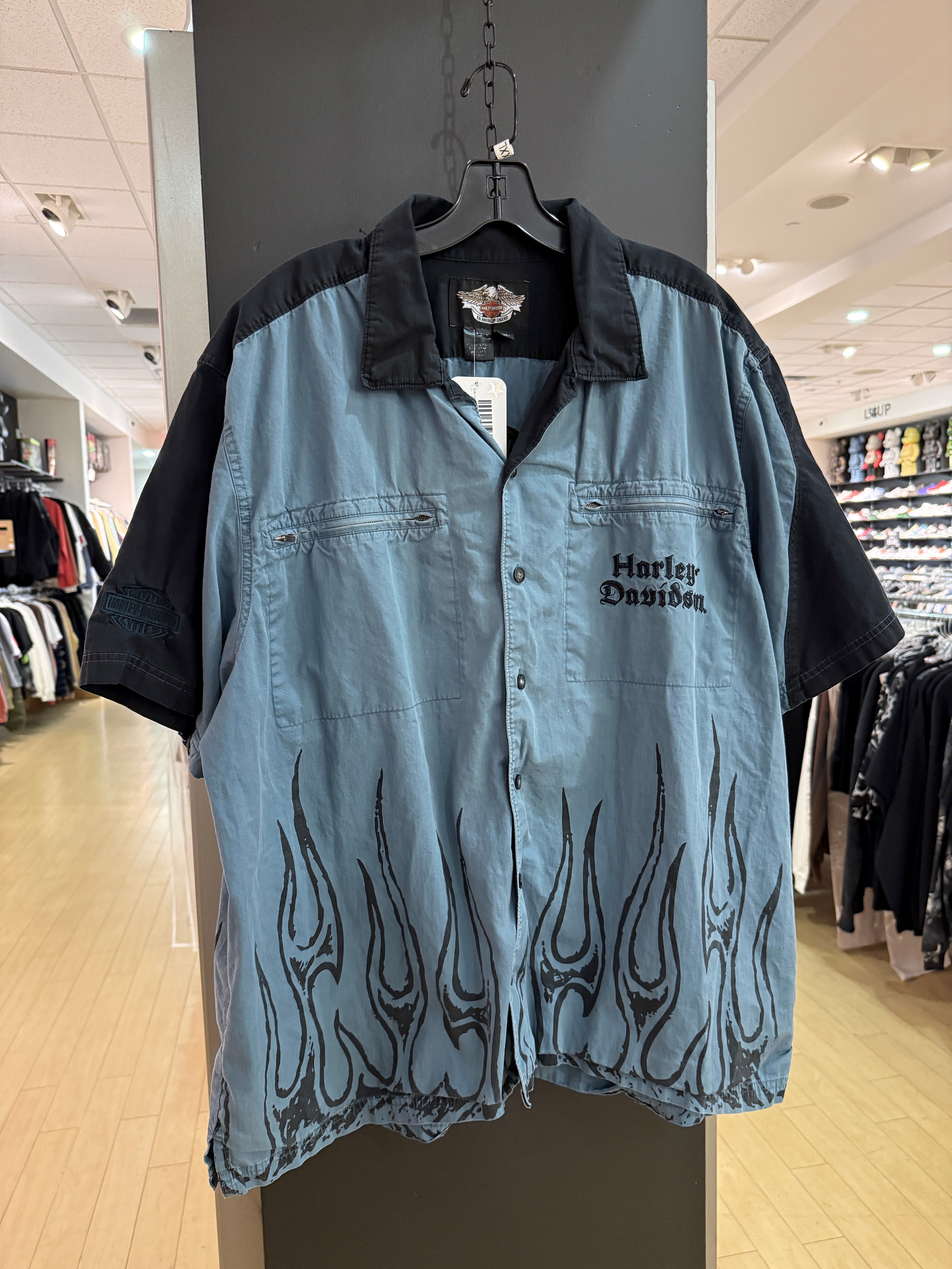 Y2K Harley Davidson Fire Skull Button Up Slate Size XXL