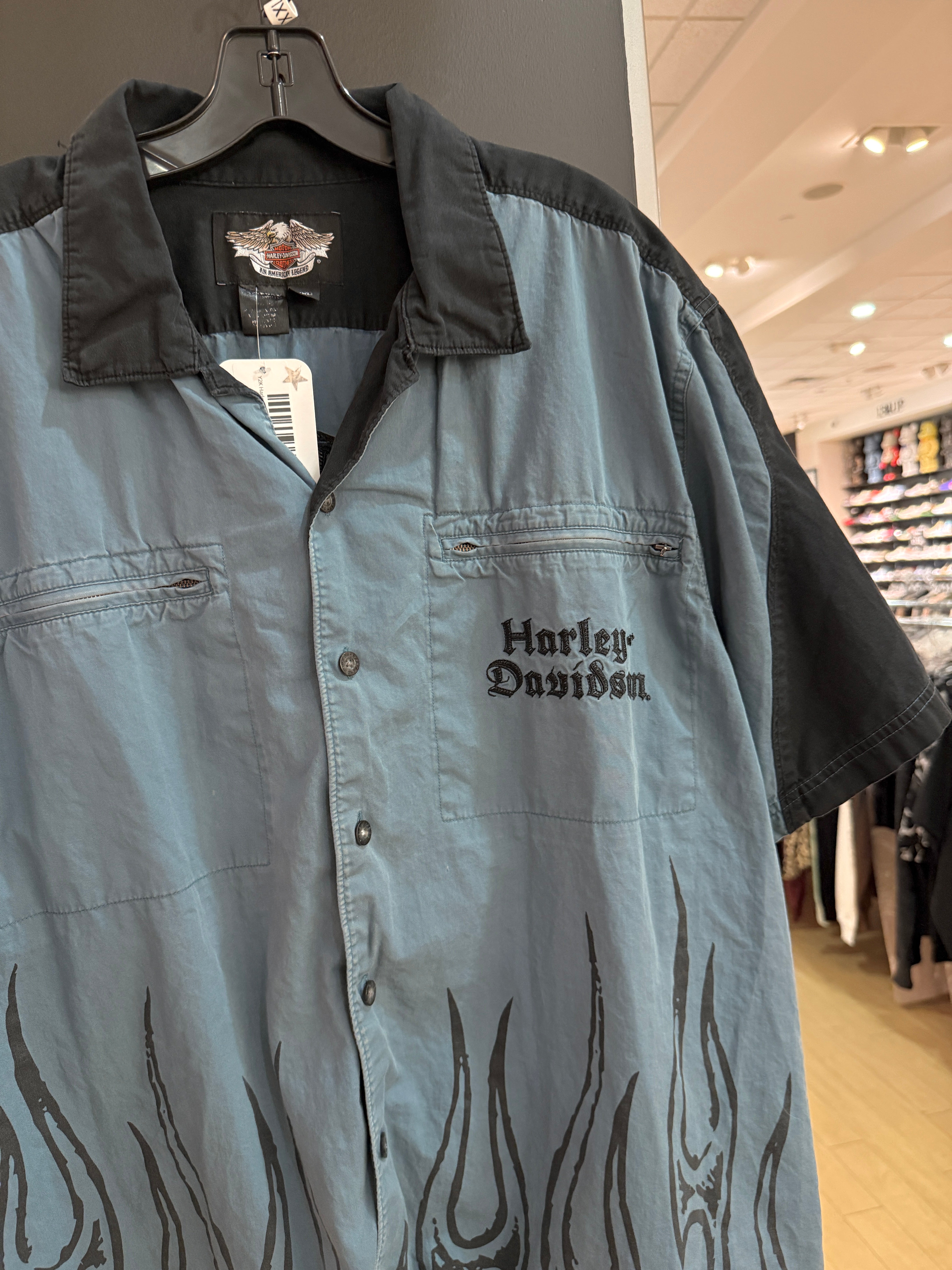 Y2K Harley Davidson Fire Skull Button Up Slate Size XXL