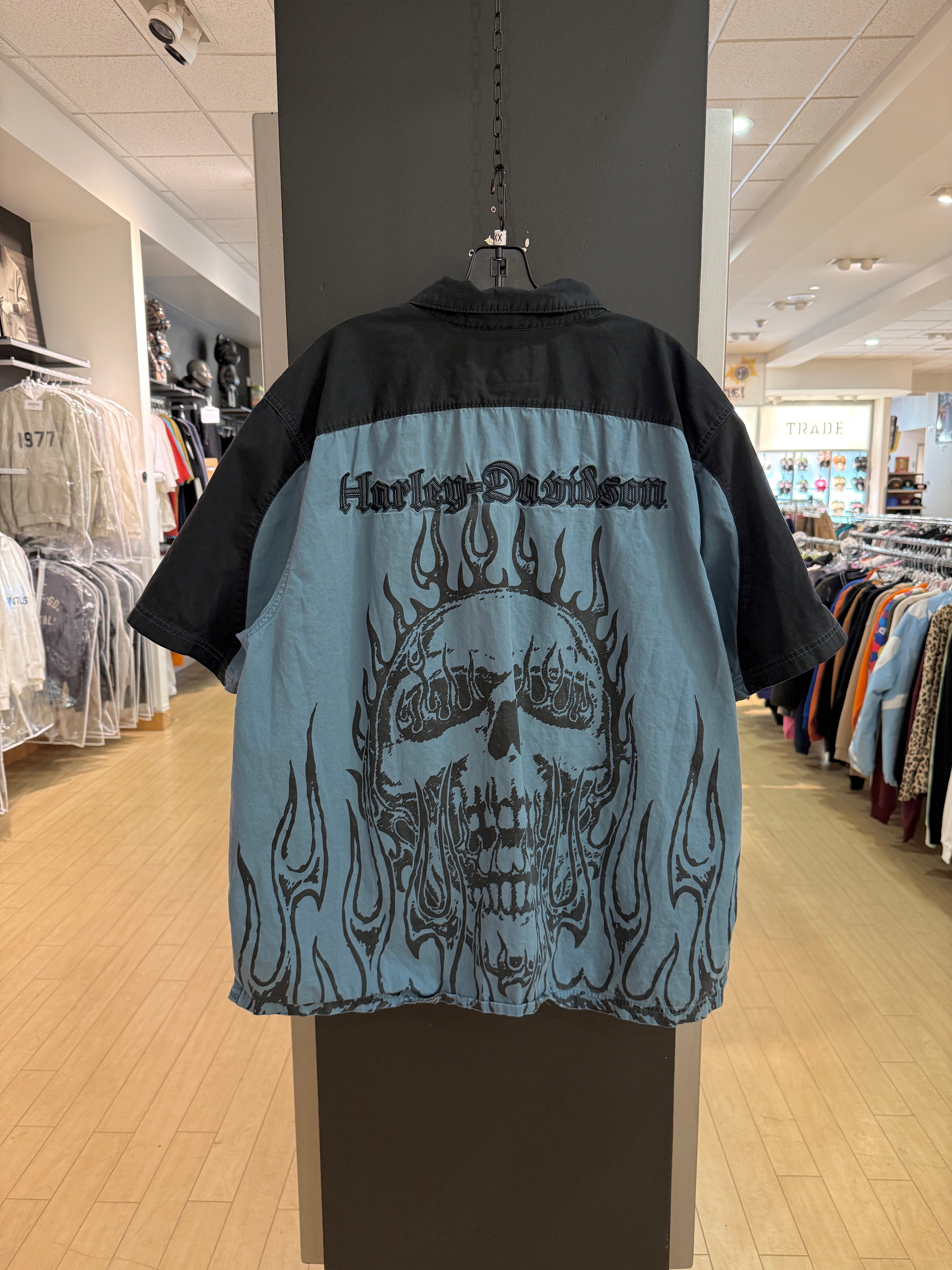 Y2K Harley Davidson Fire Skull Button Up Slate Size XXL
