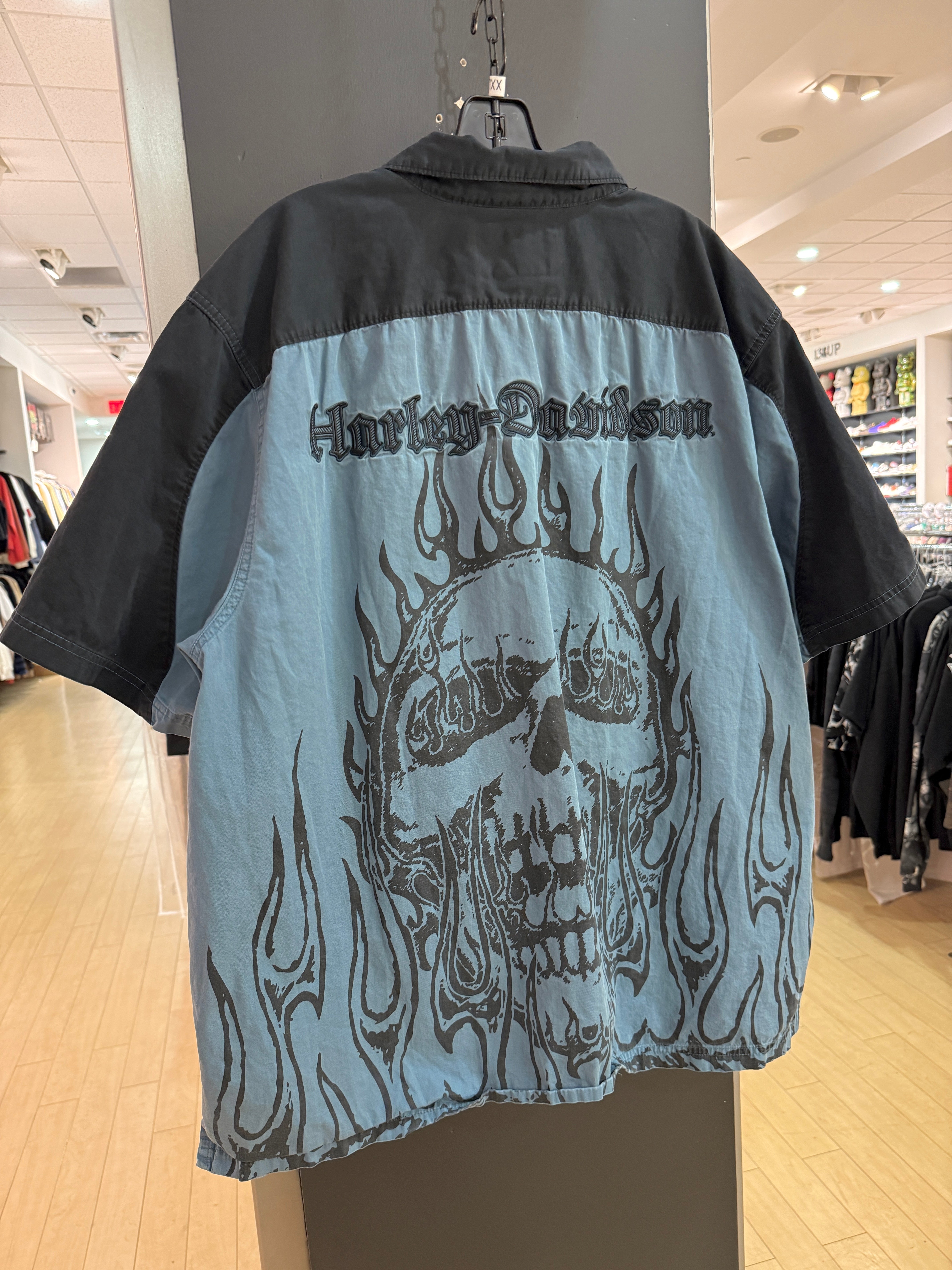 Y2K Harley Davidson Fire Skull Button Up Slate Size XXL