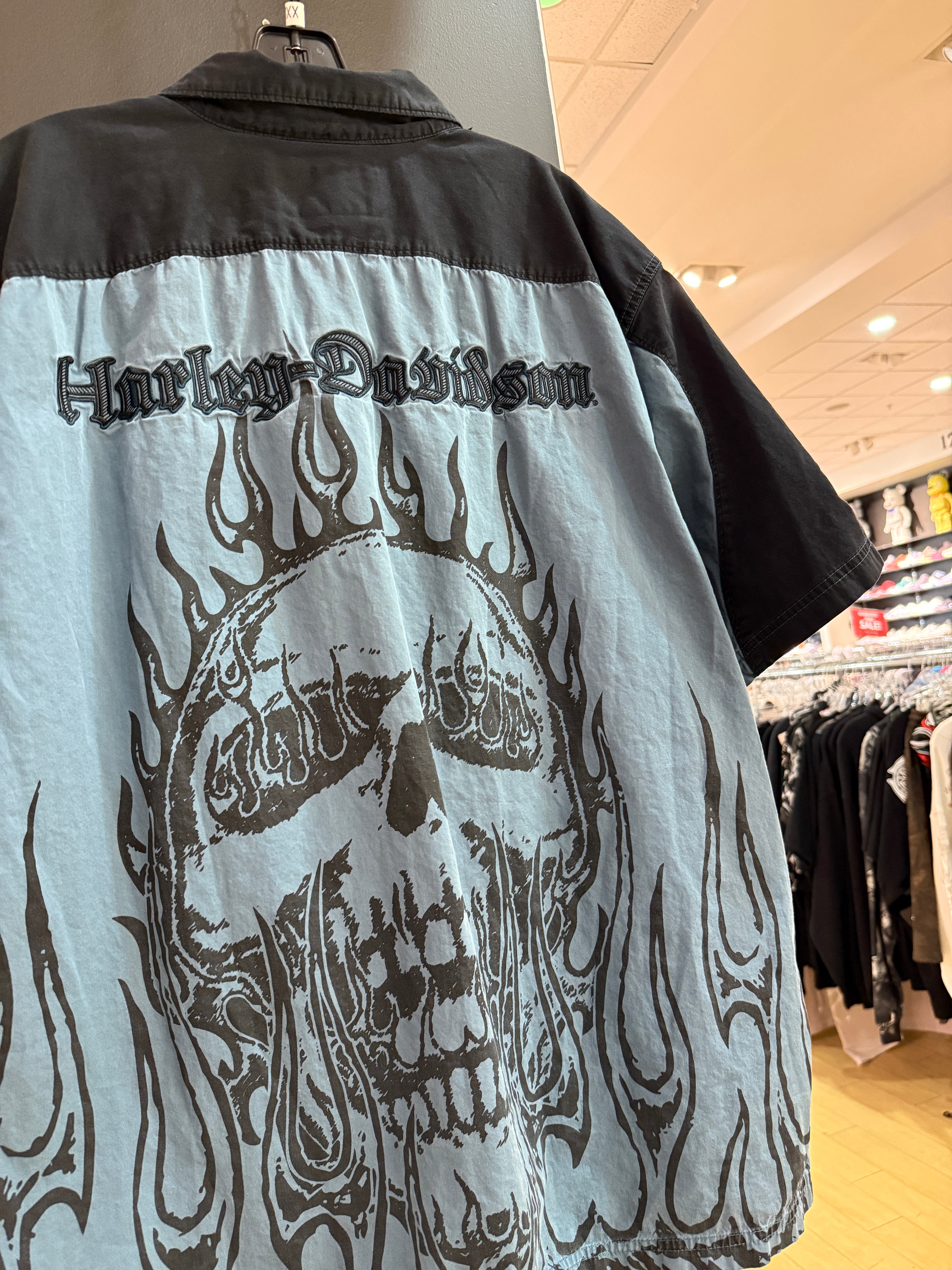 Y2K Harley Davidson Fire Skull Button Up Slate Size XXL