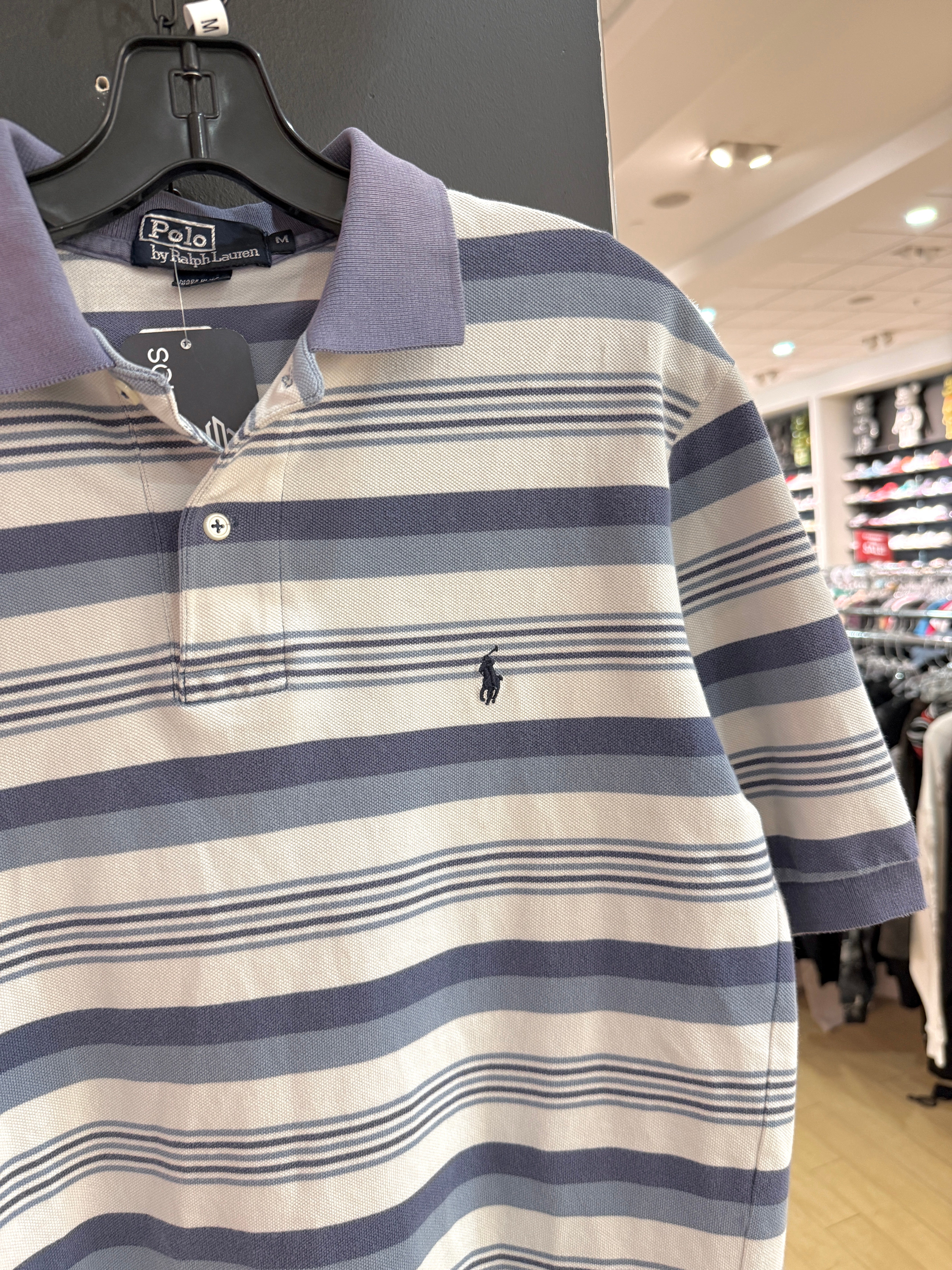90s Polo Ralph Lauren White / Blue Striped Polo Size M