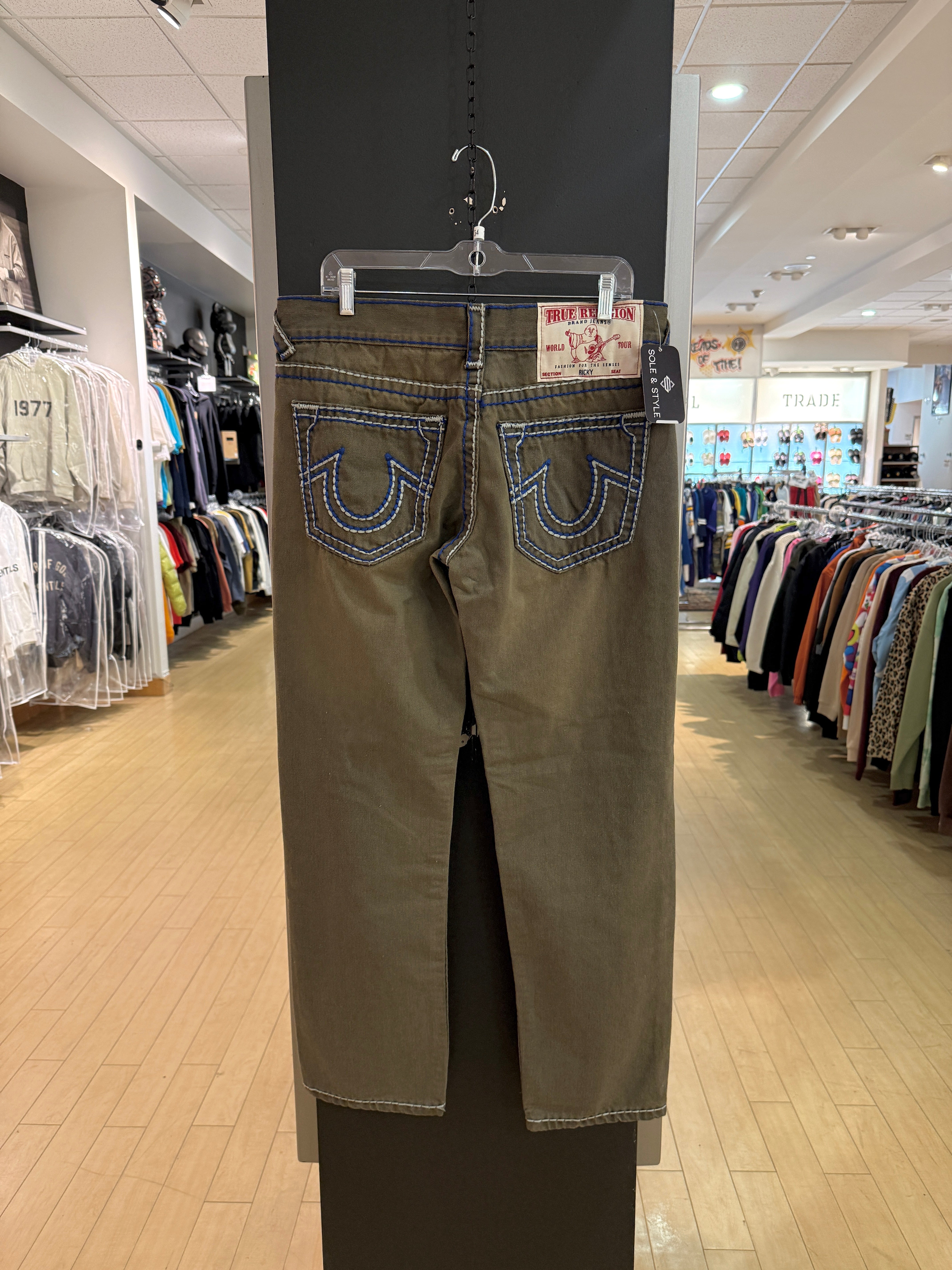 Y2K True Religion Ricky Olive Green / Blue Rope Stitch Denim Jeans Size 34