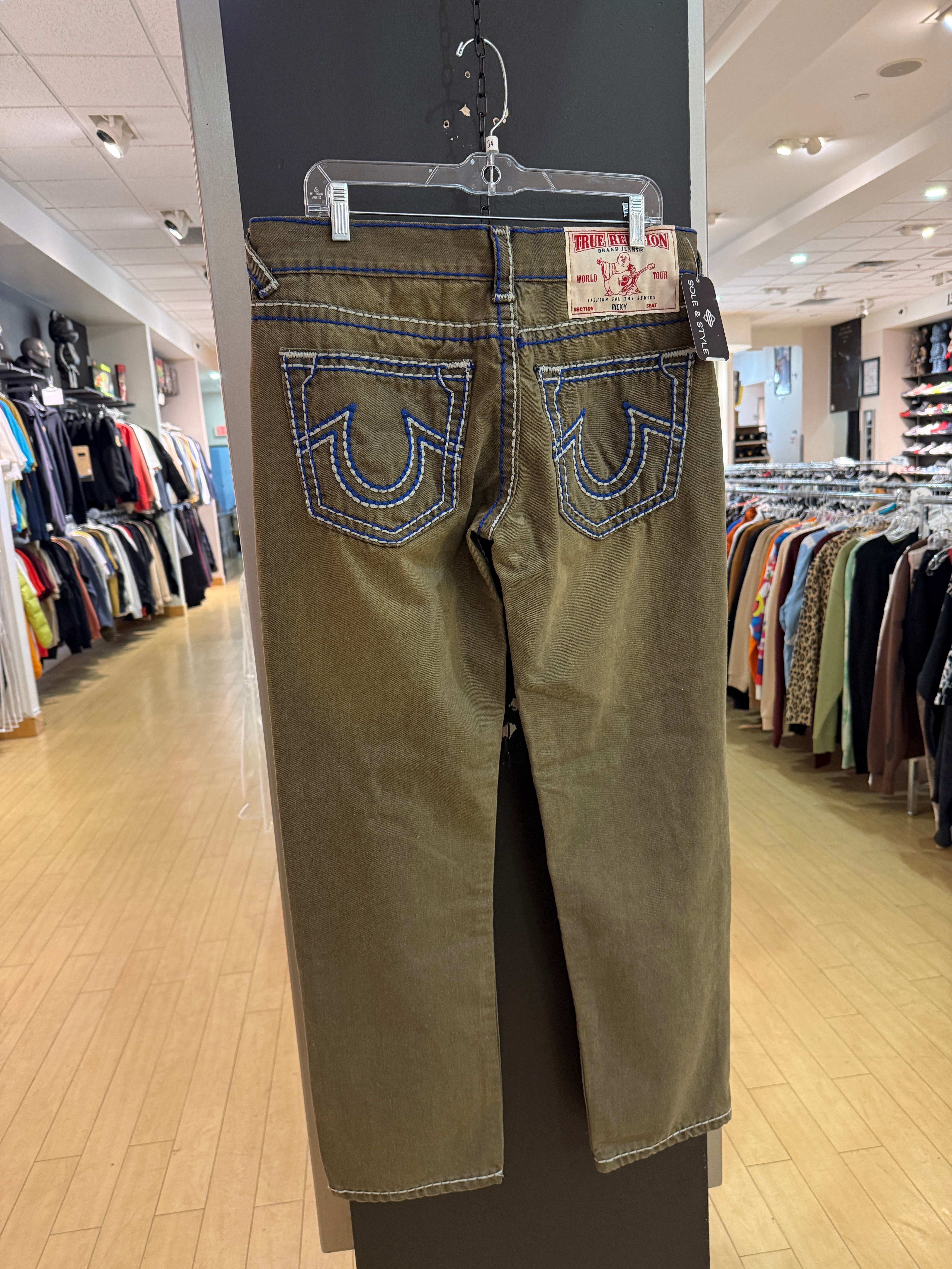 Y2K True Religion Ricky Olive Green / Blue Rope Stitch Denim Jeans Size 34