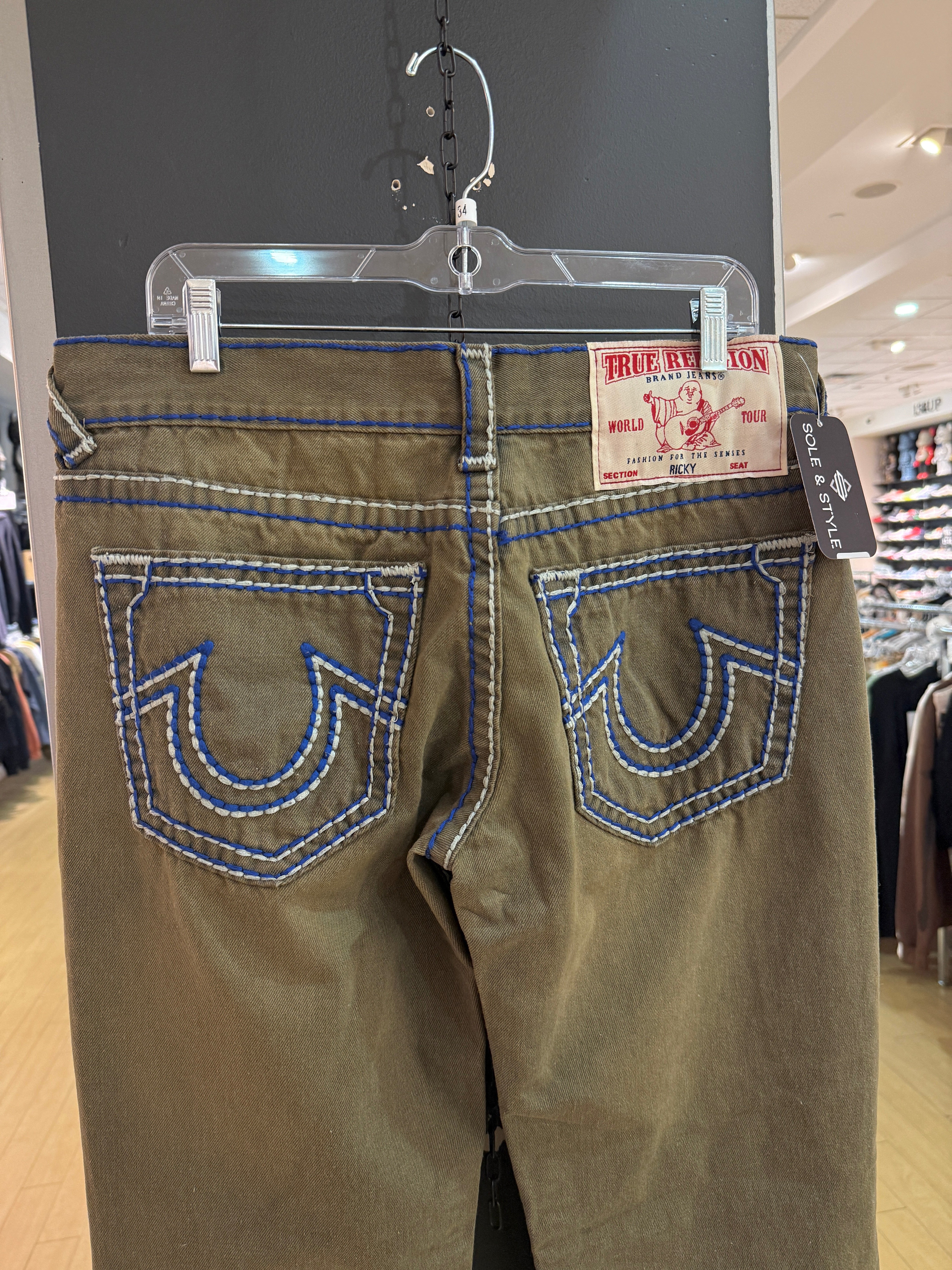 Y2K True Religion Ricky Olive Green / Blue Rope Stitch Denim Jeans Size 34