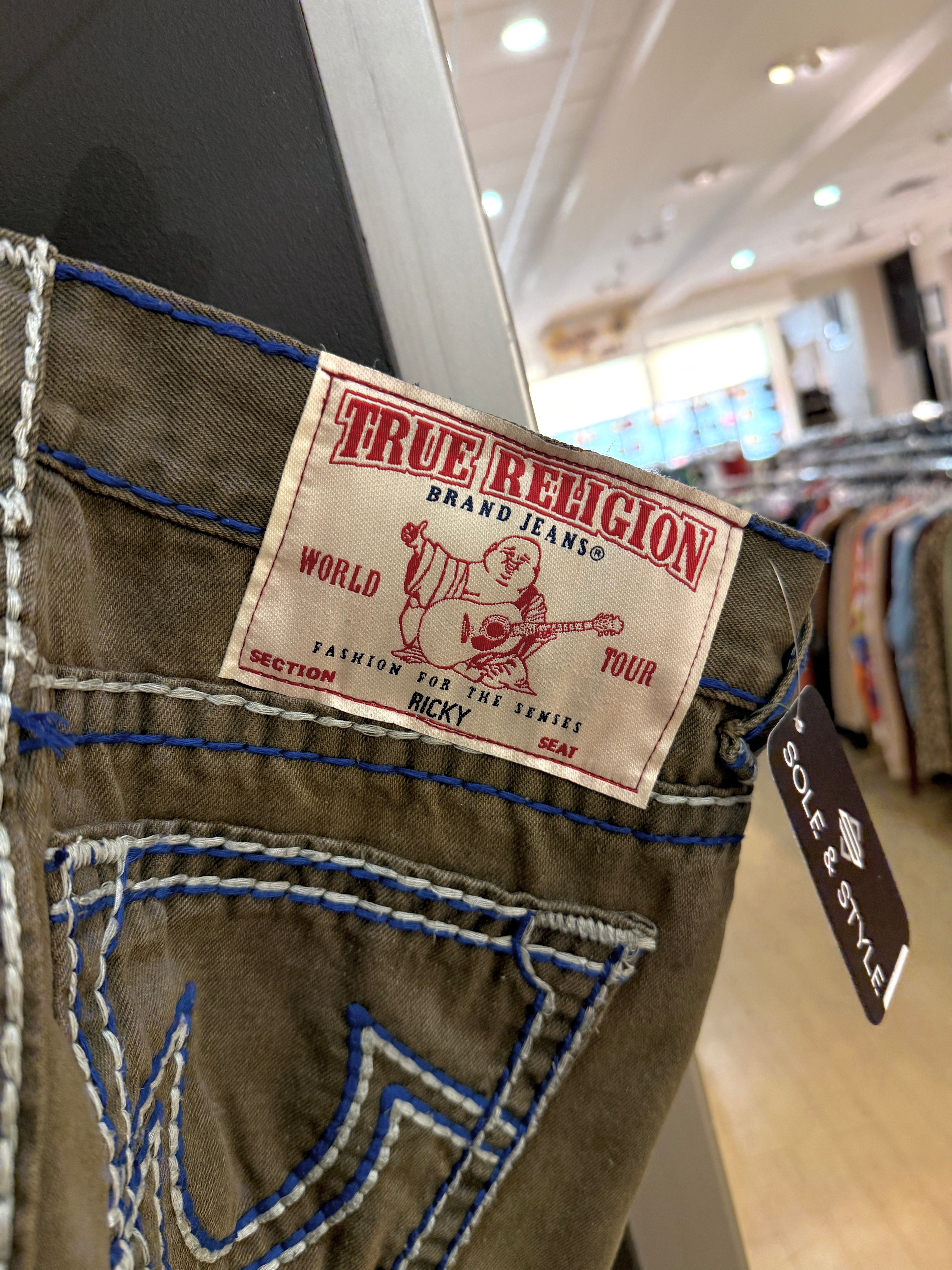 Y2K True Religion Ricky Olive Green / Blue Rope Stitch Denim Jeans Size 34