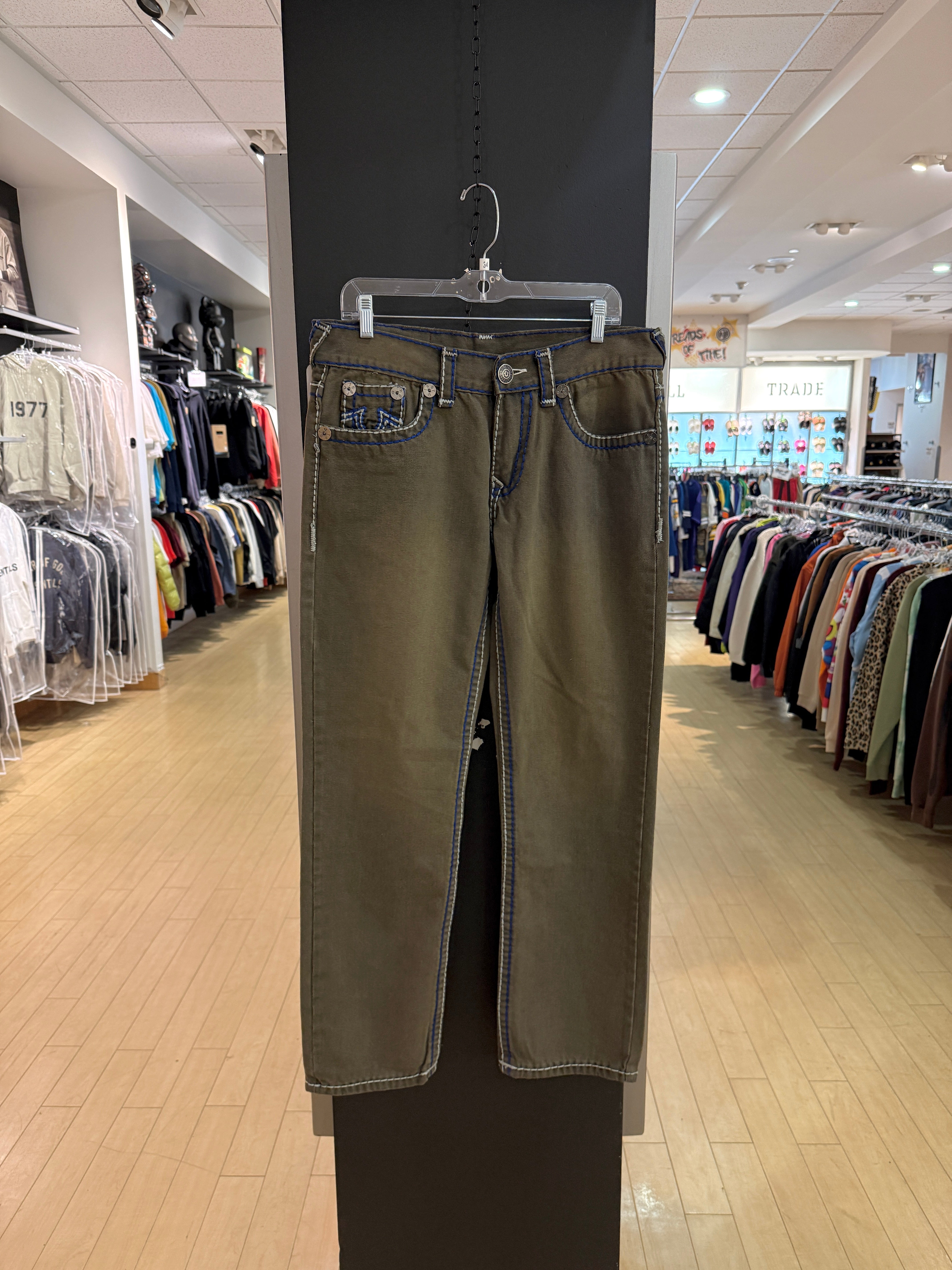 Y2K True Religion Ricky Olive Green / Blue Rope Stitch Denim Jeans Size 34