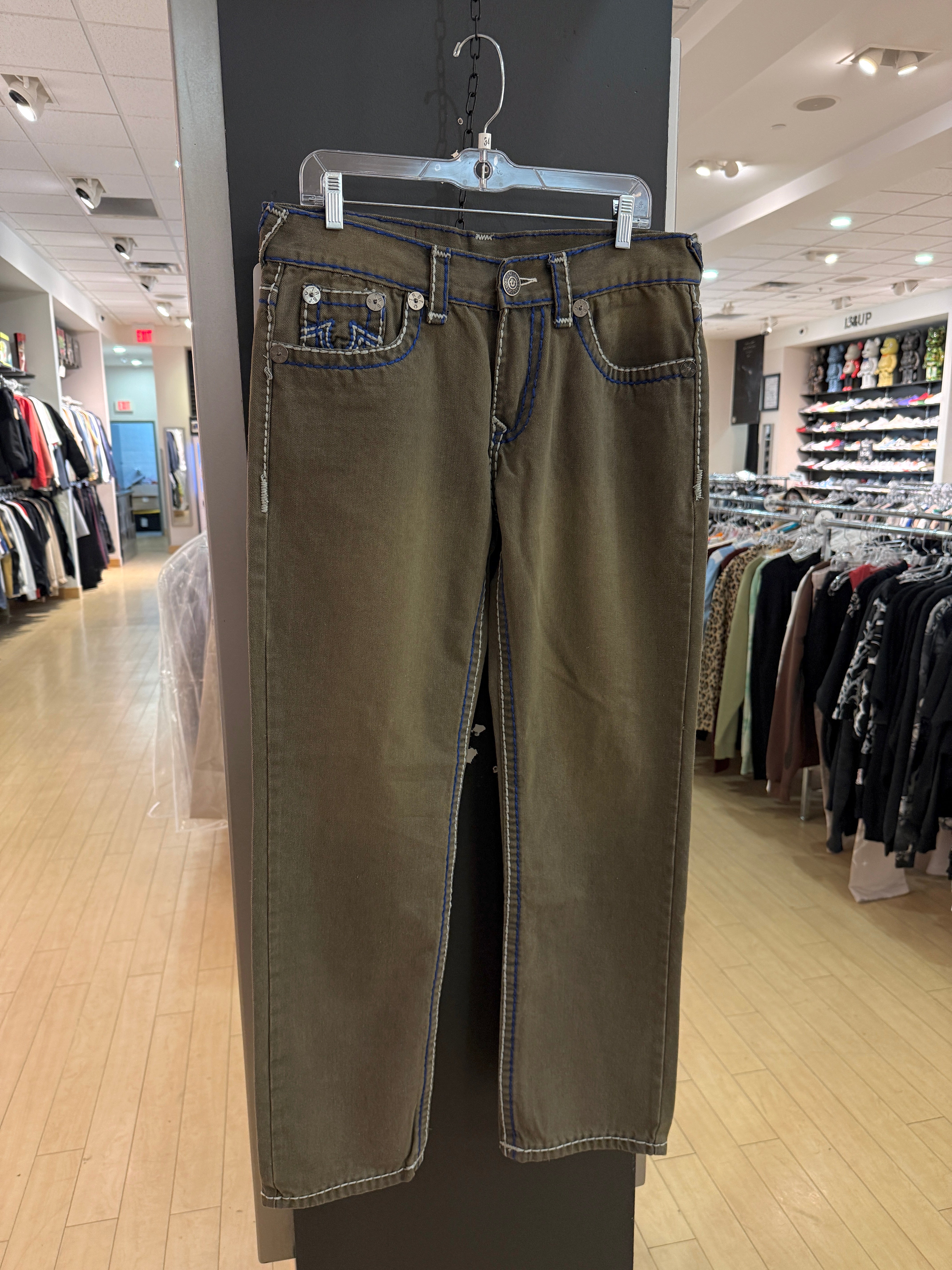 Y2K True Religion Ricky Olive Green / Blue Rope Stitch Denim Jeans Size 34