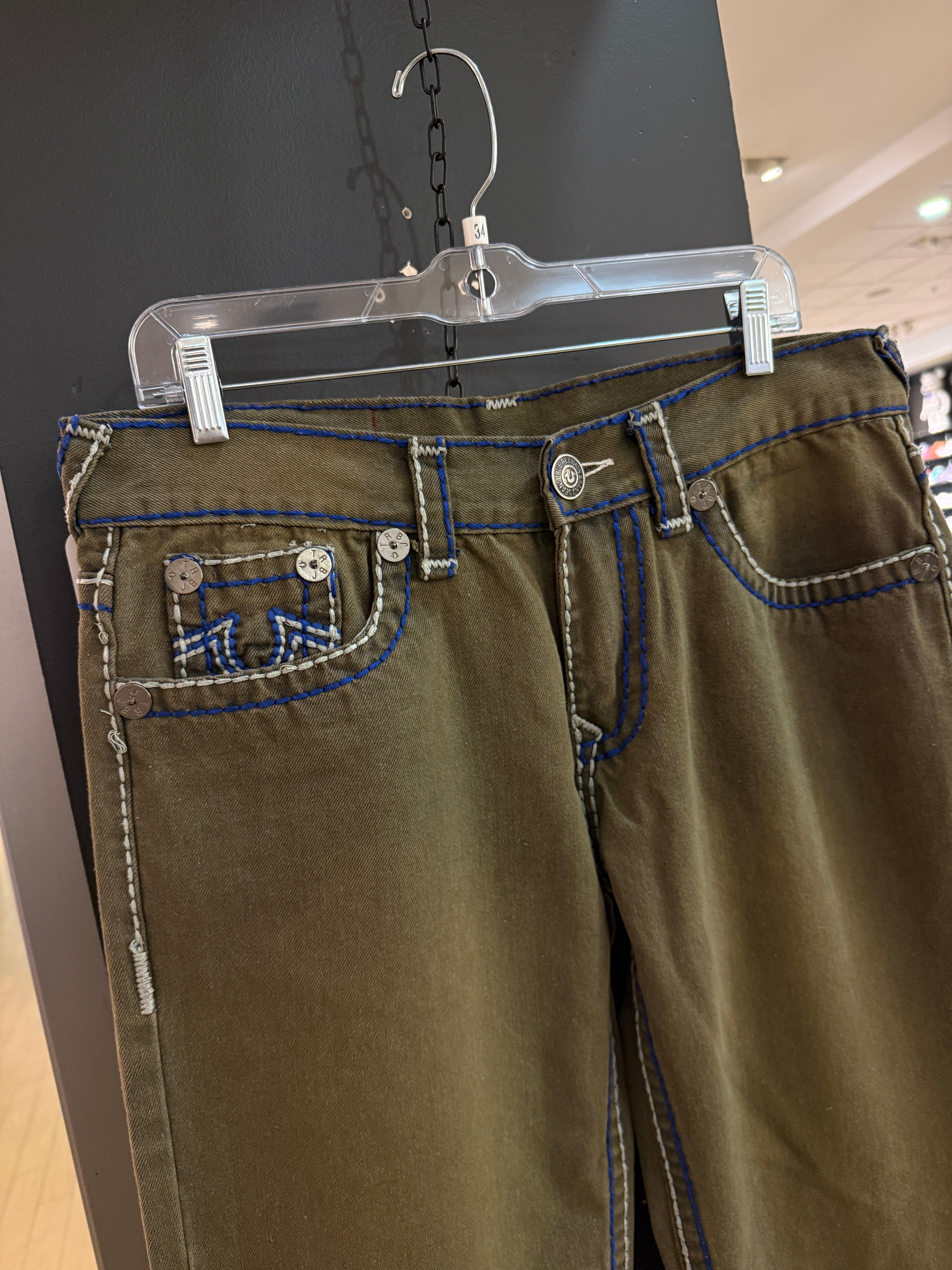 Y2K True Religion Ricky Olive Green / Blue Rope Stitch Denim Jeans Size 34