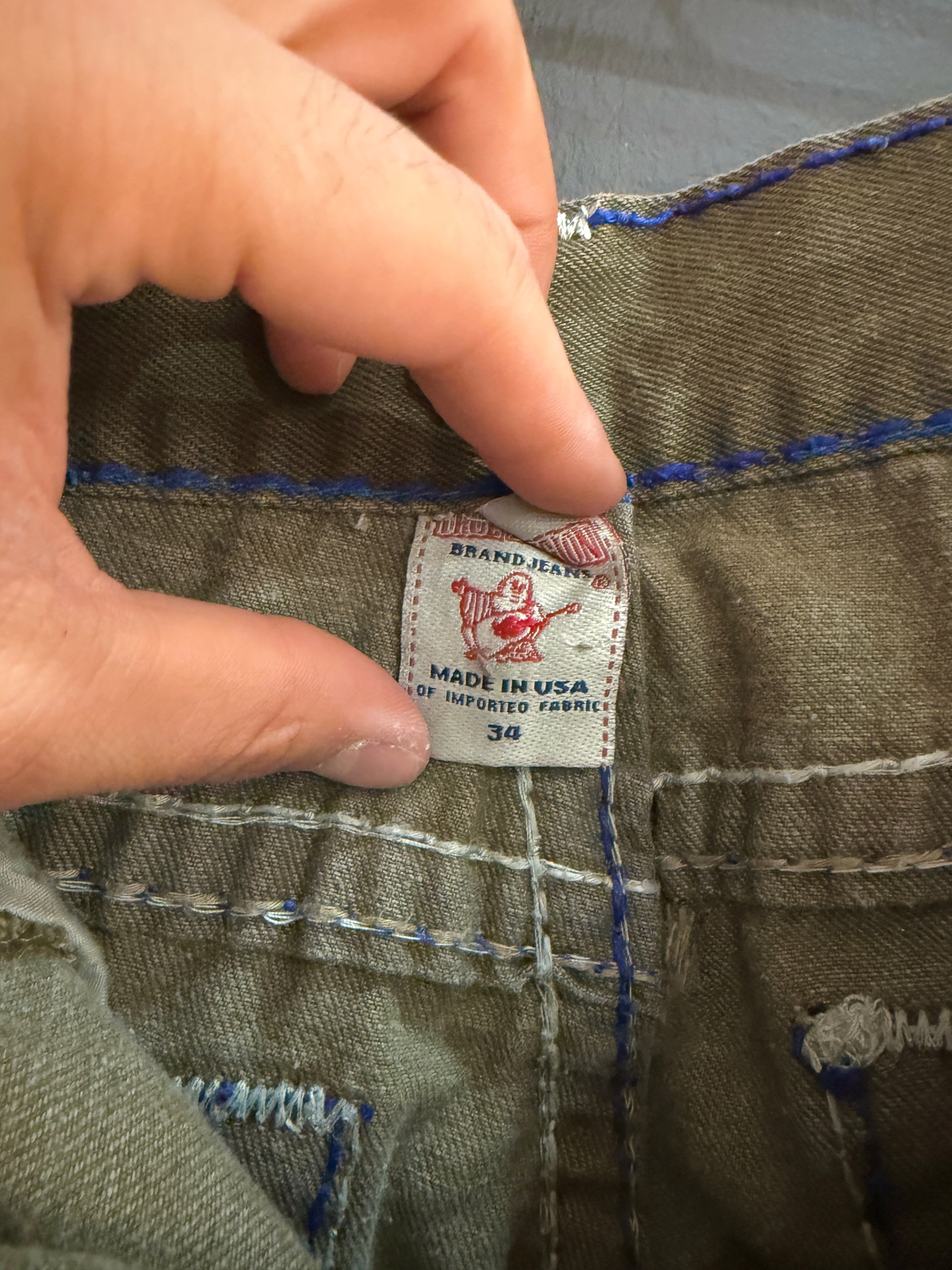 Y2K True Religion Ricky Olive Green / Blue Rope Stitch Denim Jeans Size 34
