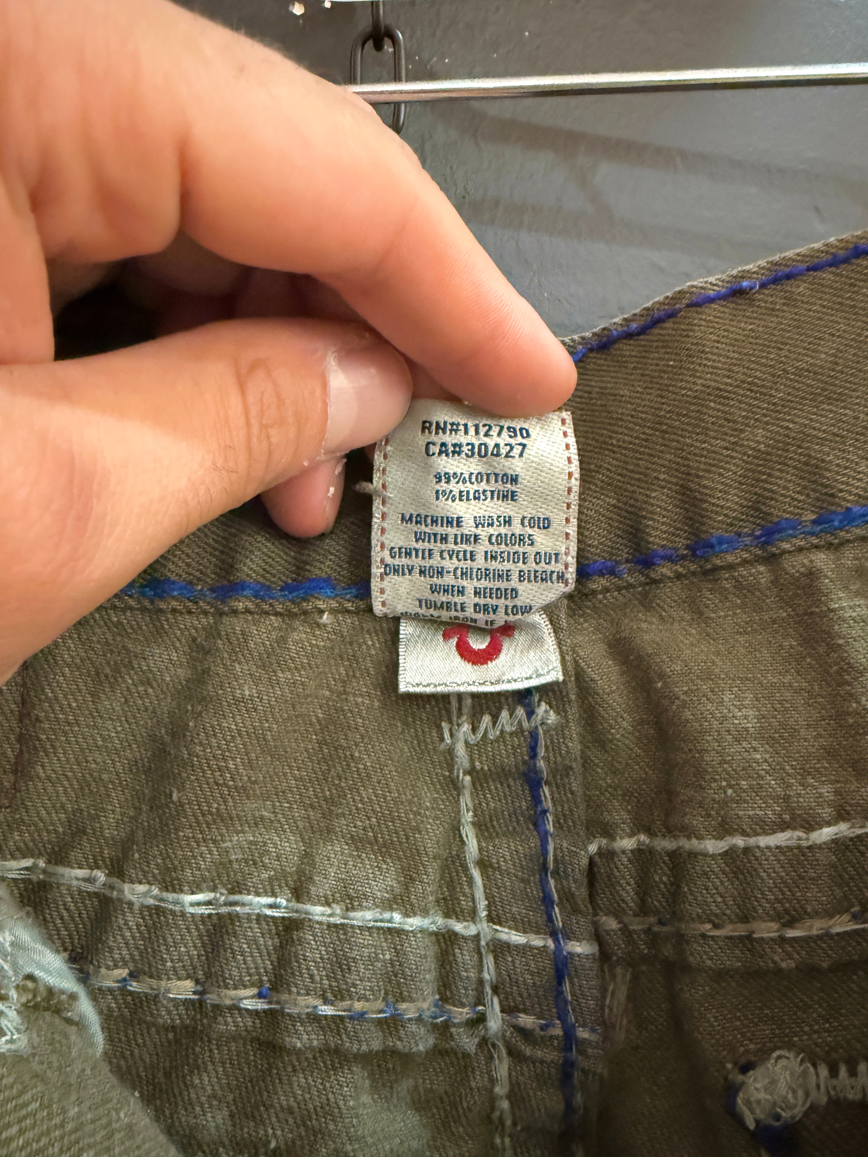 Y2K True Religion Ricky Olive Green / Blue Rope Stitch Denim Jeans Size 34