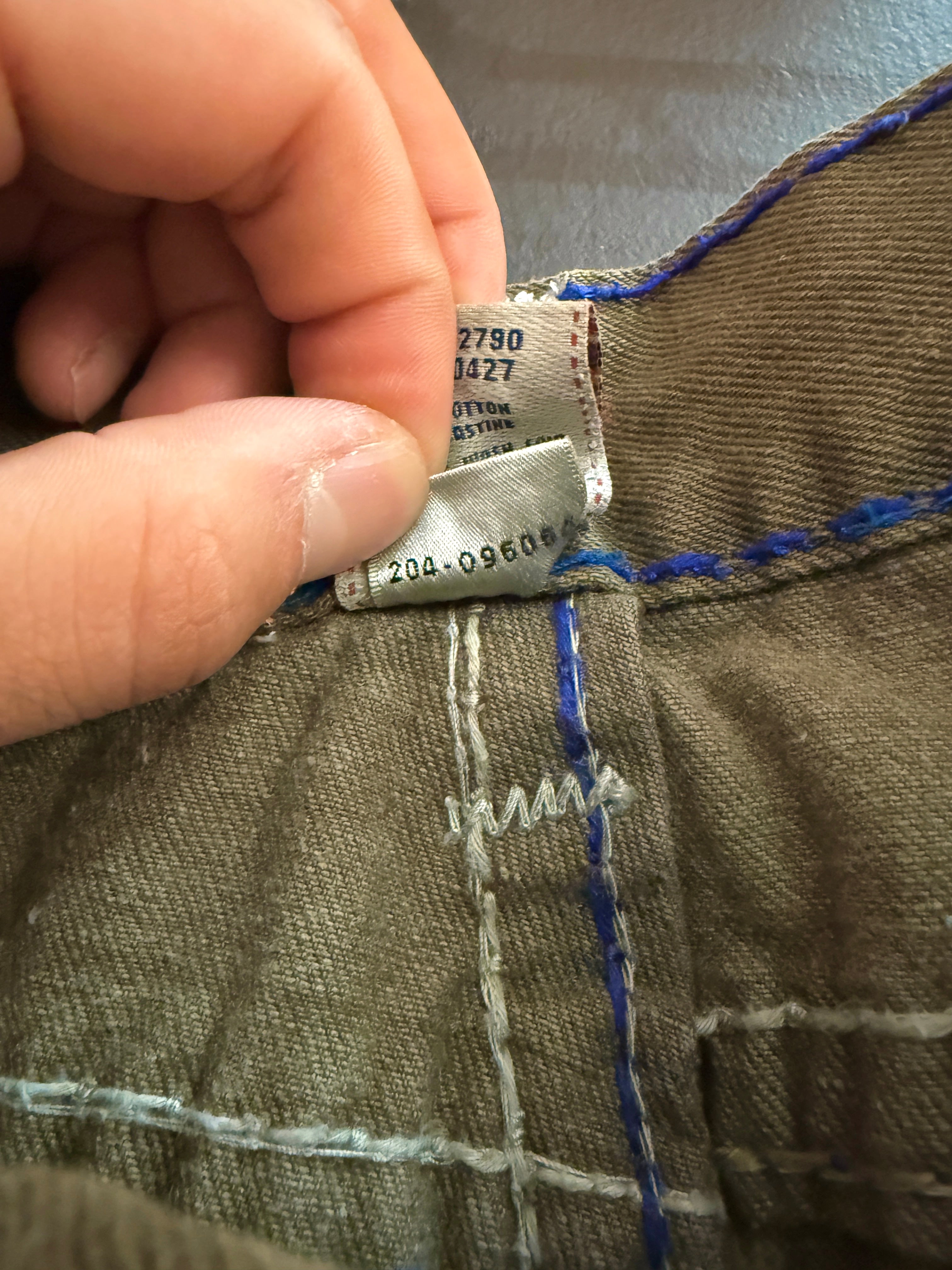 Y2K True Religion Ricky Olive Green / Blue Rope Stitch Denim Jeans Size 34