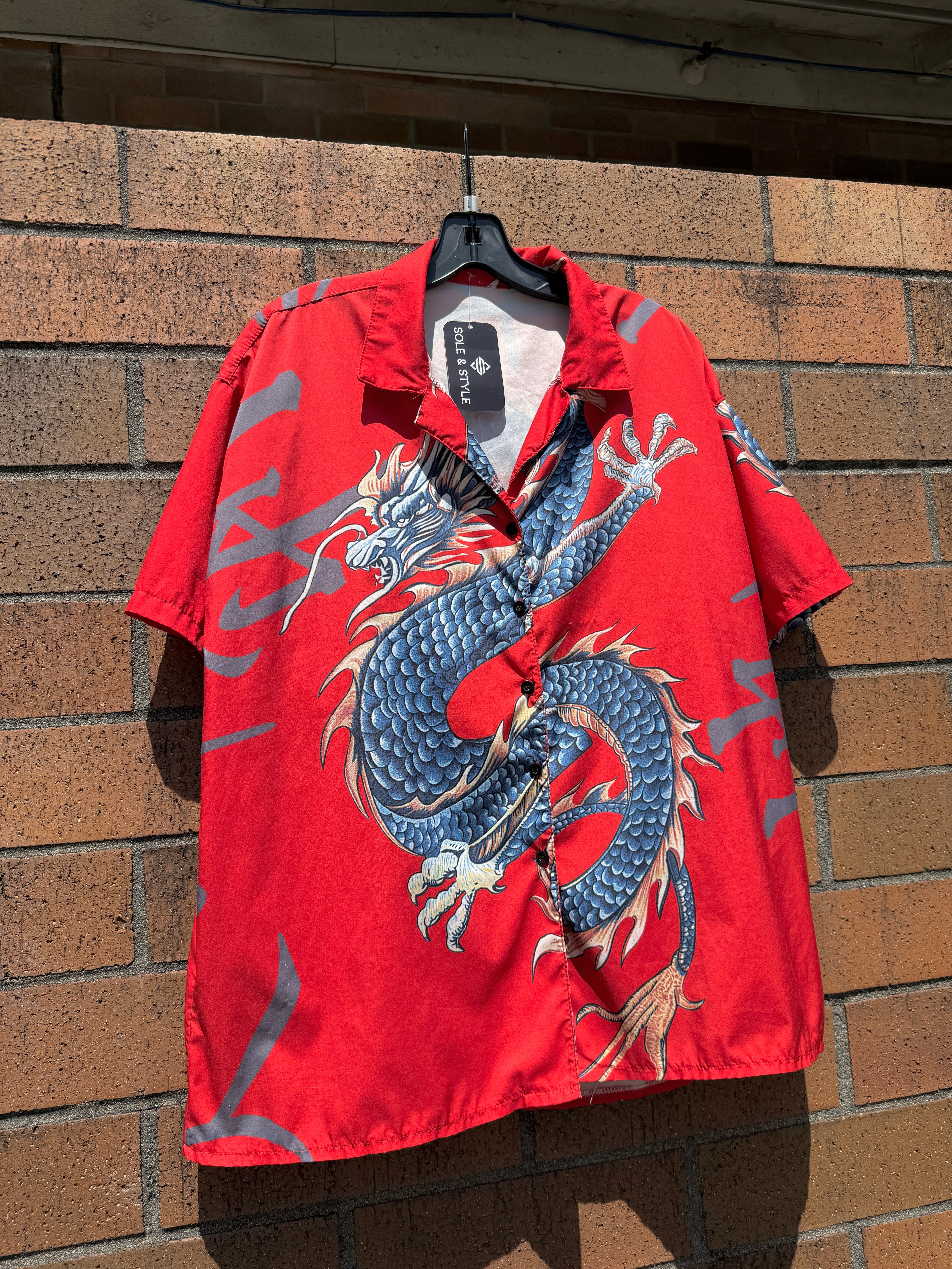 Y2K Unbranded Dragon Button Up Red Size L