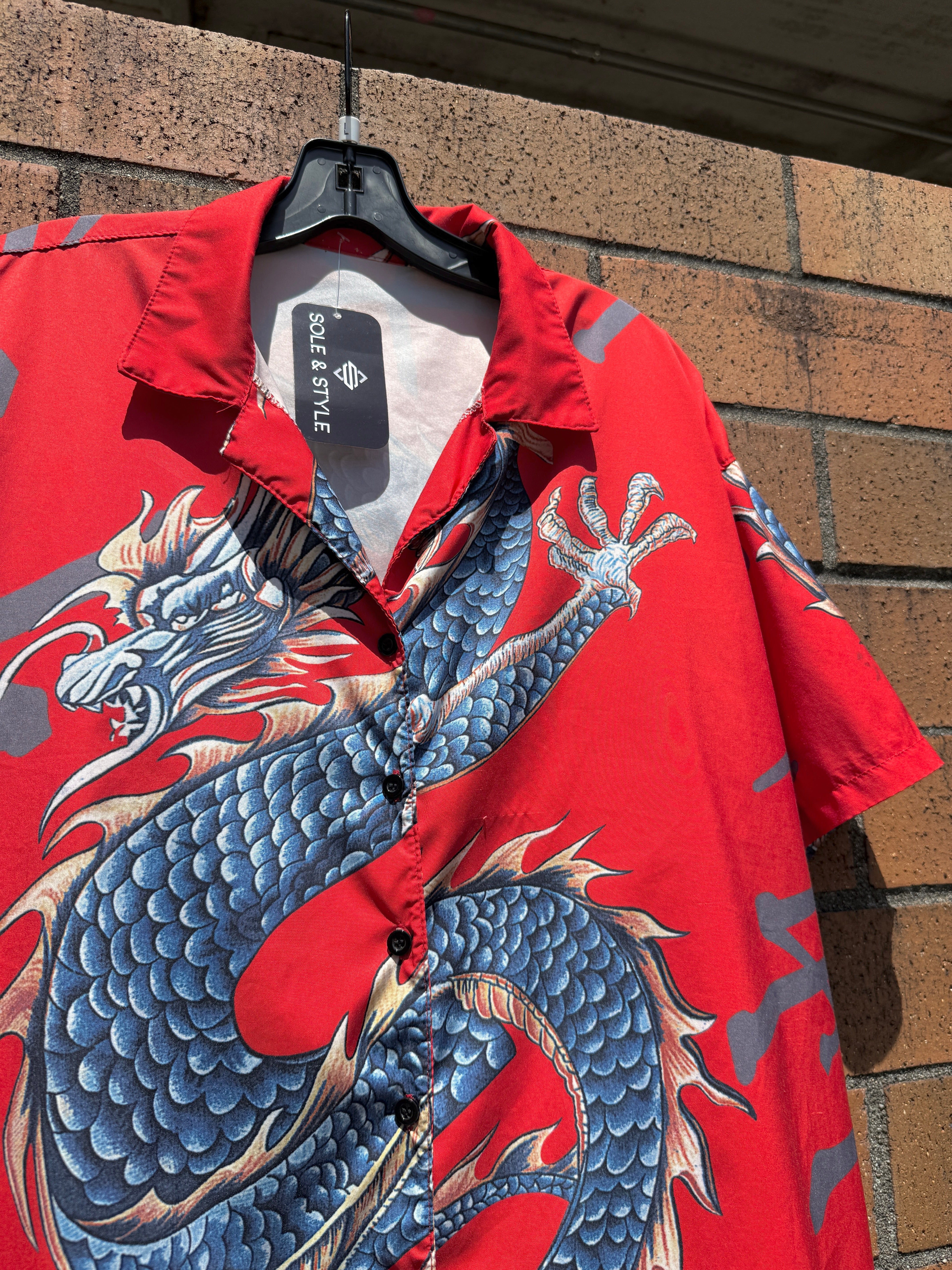 Y2K Unbranded Dragon Button Up Red Size L