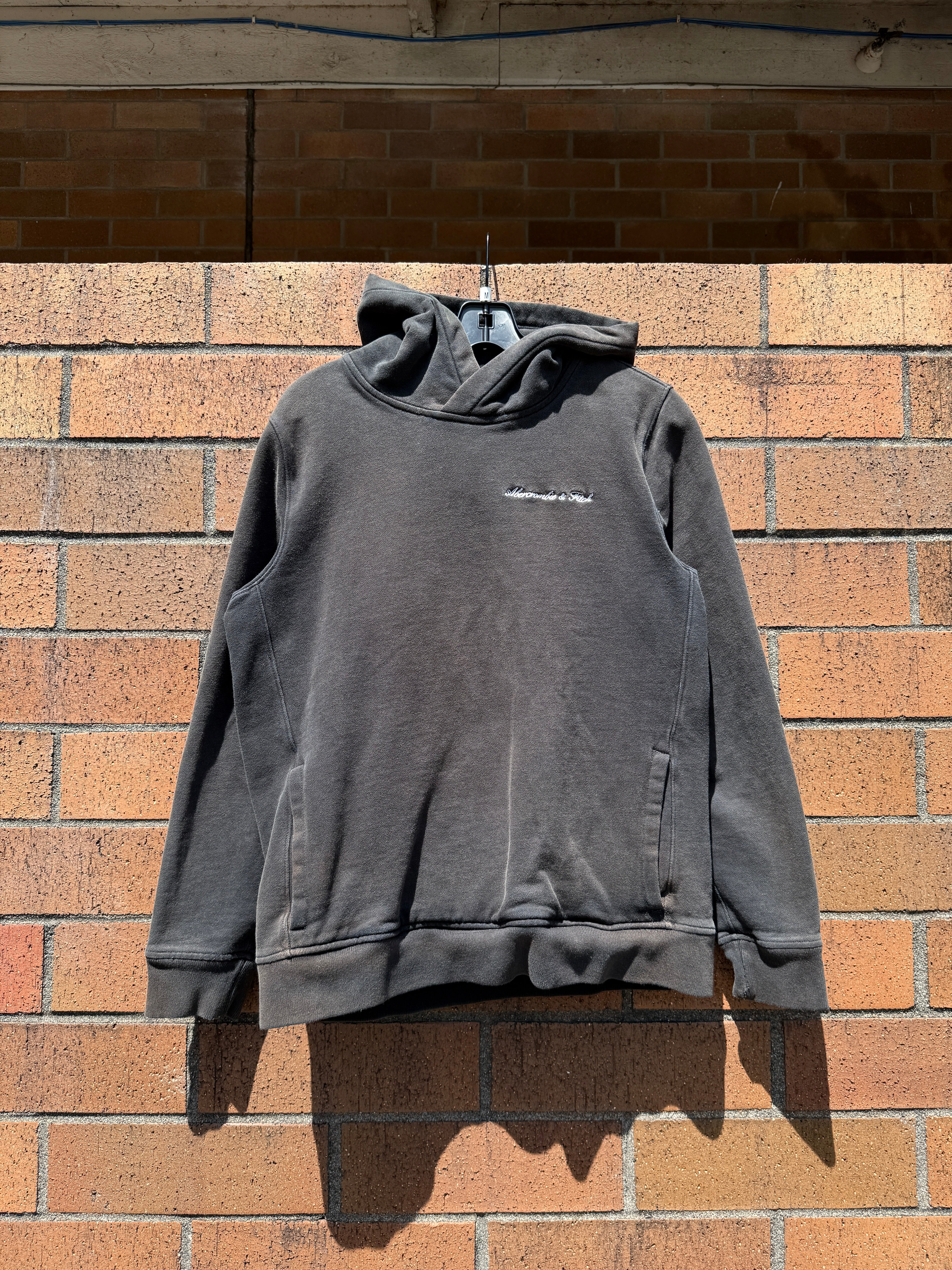 2010s Abercrombie & Fitch Faded Black Script Hoodie Size M