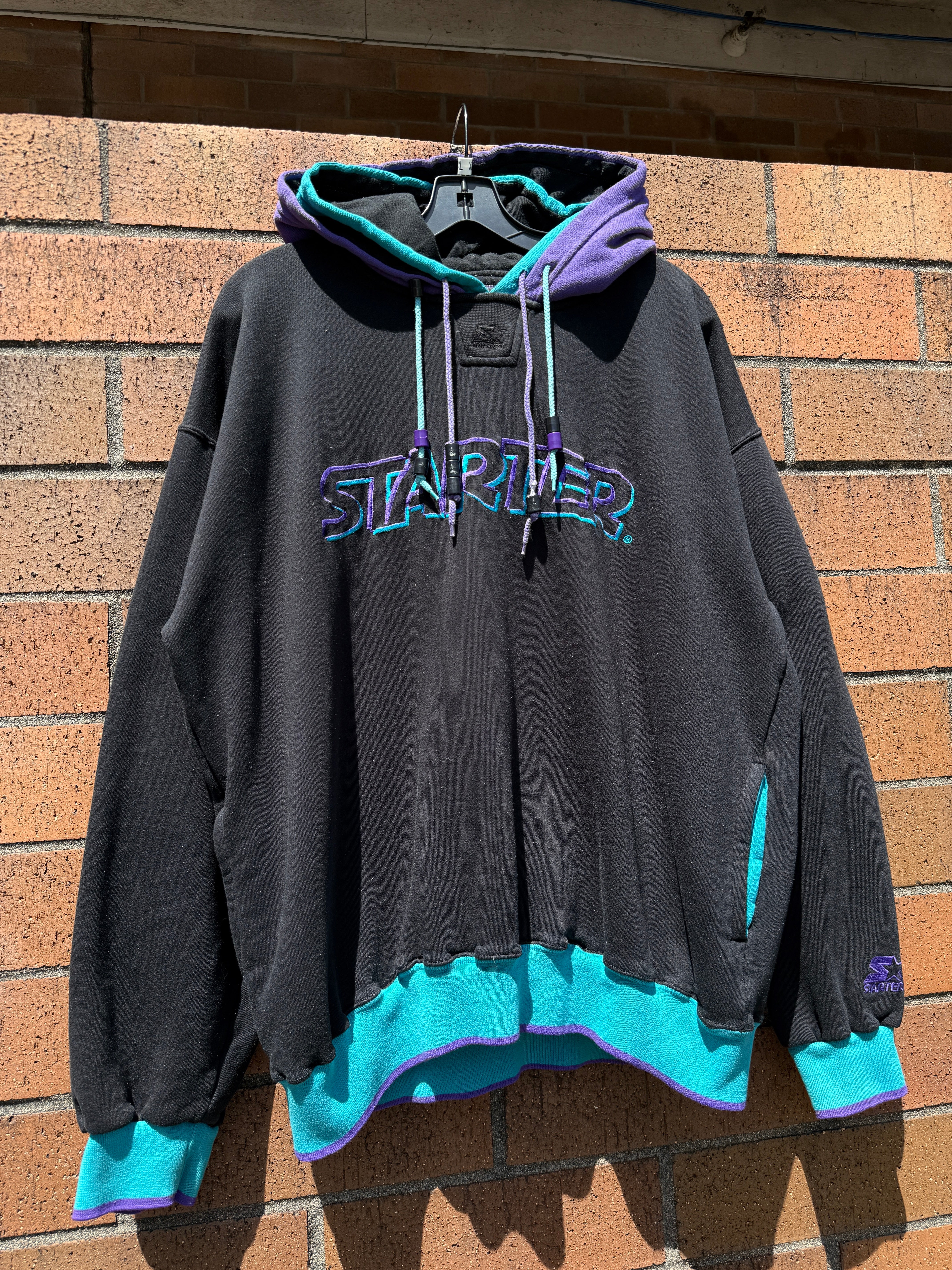 90s Starter Double Hood Sweatshirt Black / Purple Size XL