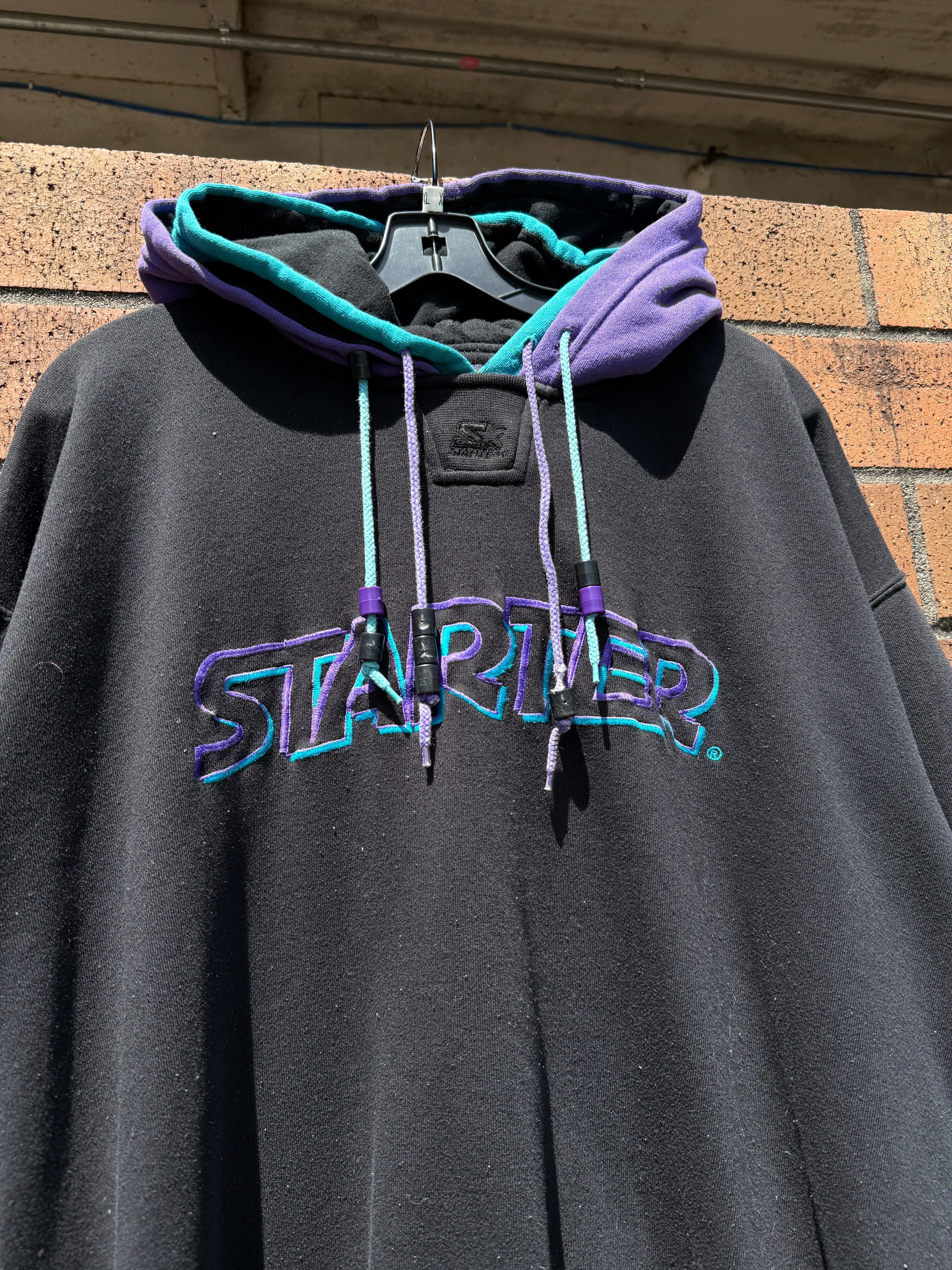 90s Starter Double Hood Sweatshirt Black / Purple Size XL