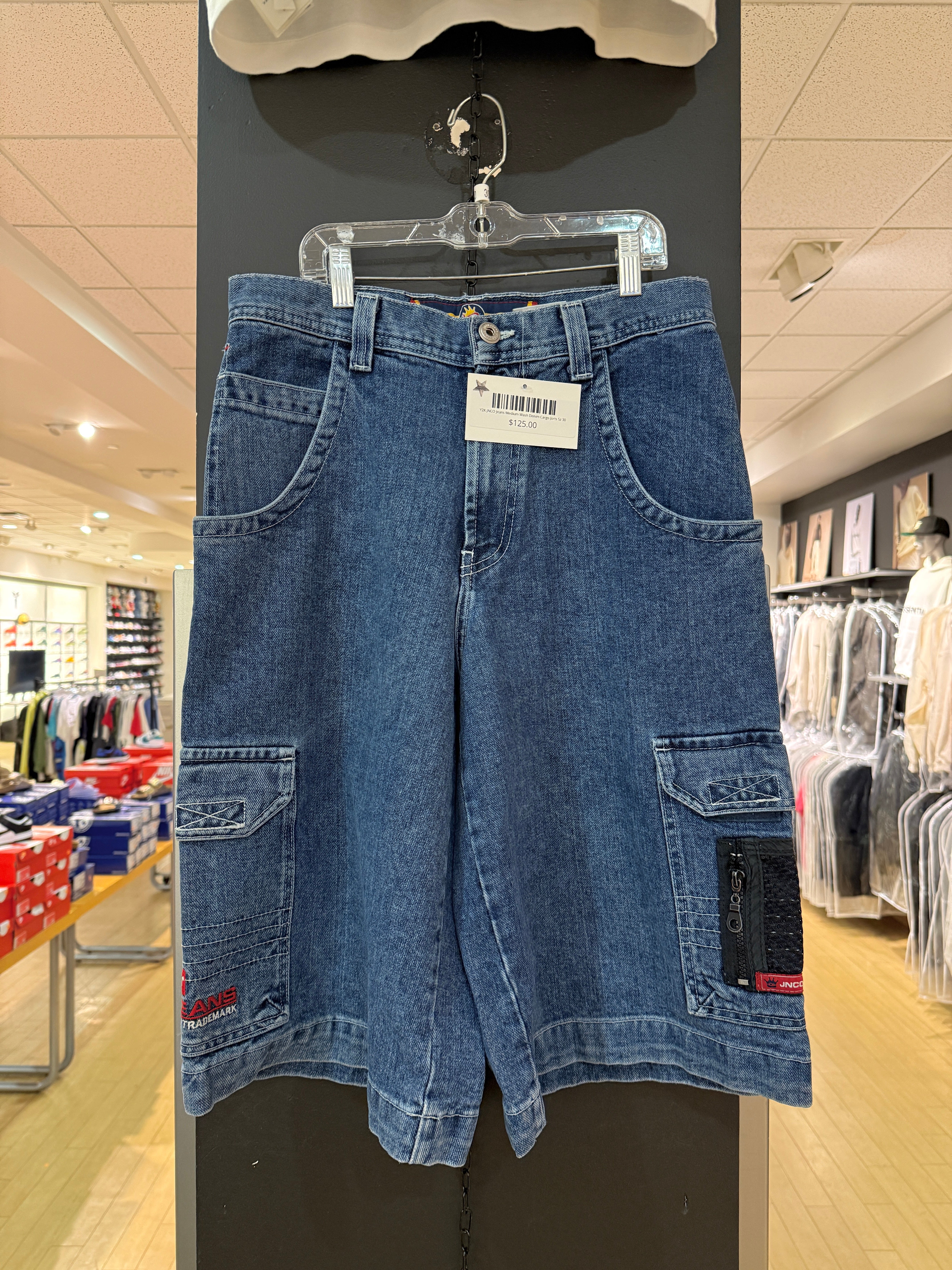 Y2K JNCO Jeans Medium Wash Denim Cargo Jorts Sz 30