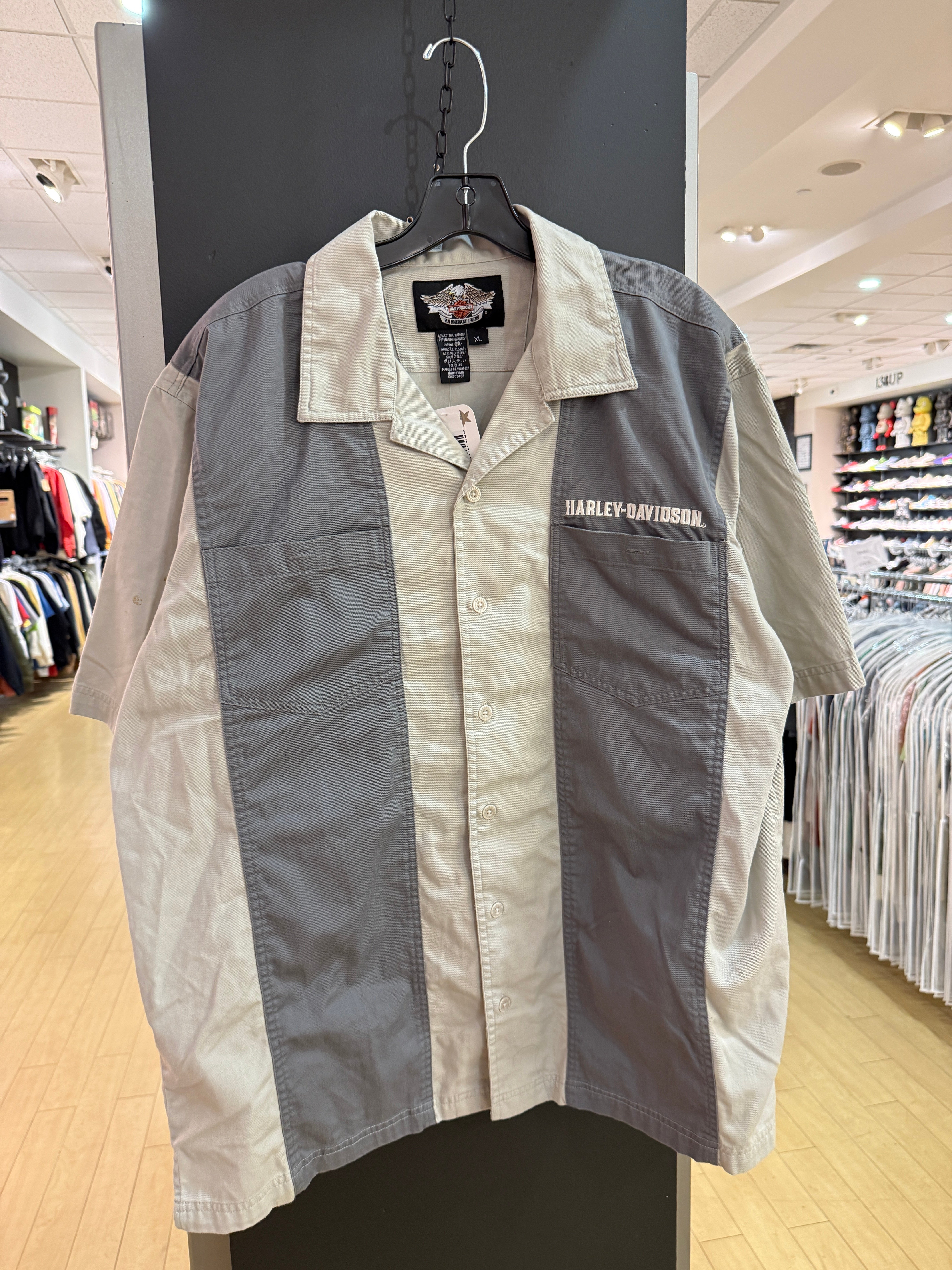 Harley Davidson Grey Striped Mechanic Shirt Size XL