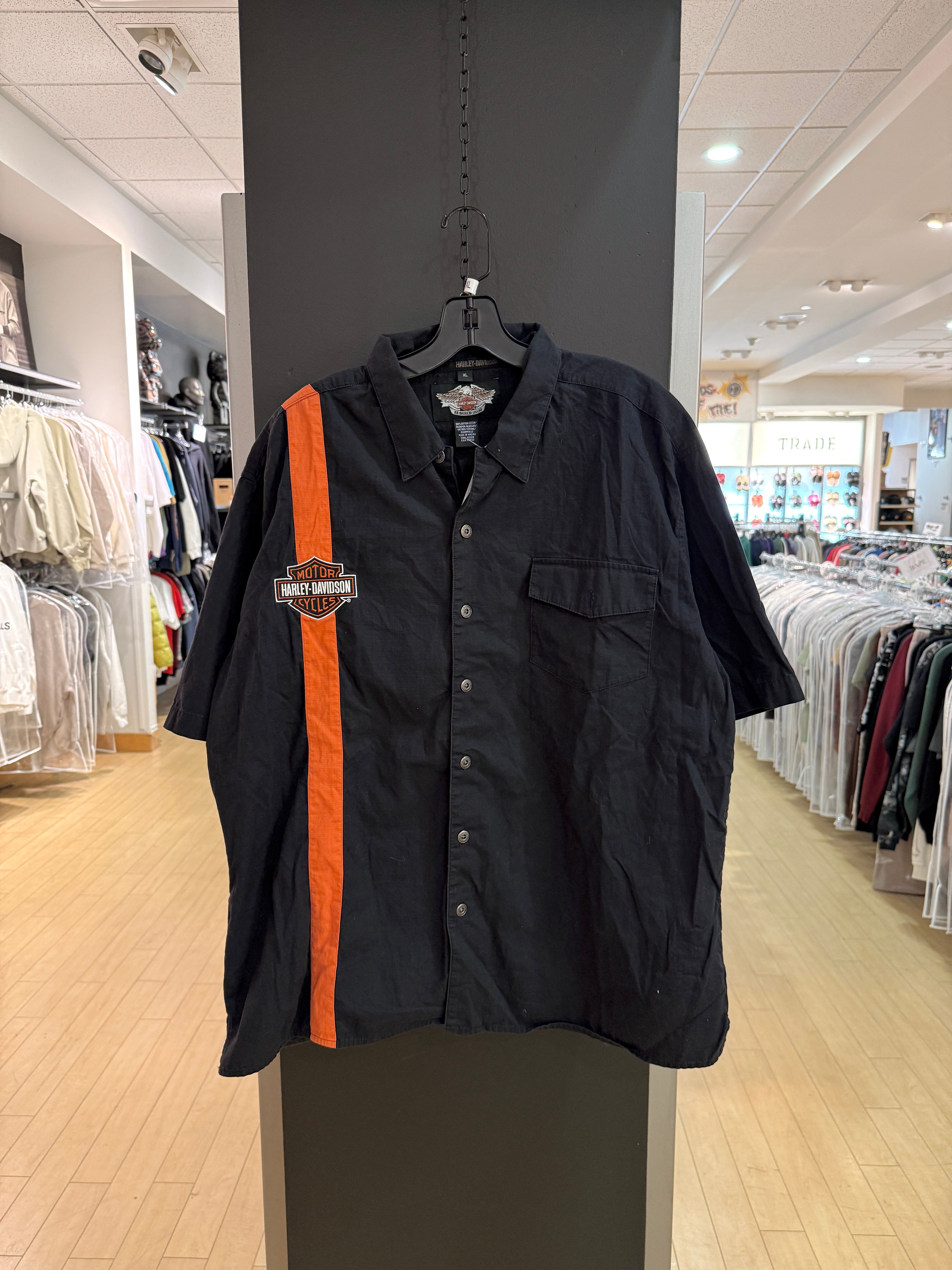 Harley Davidson Black / Orange Stripe Mechanic Shirt Size XL
