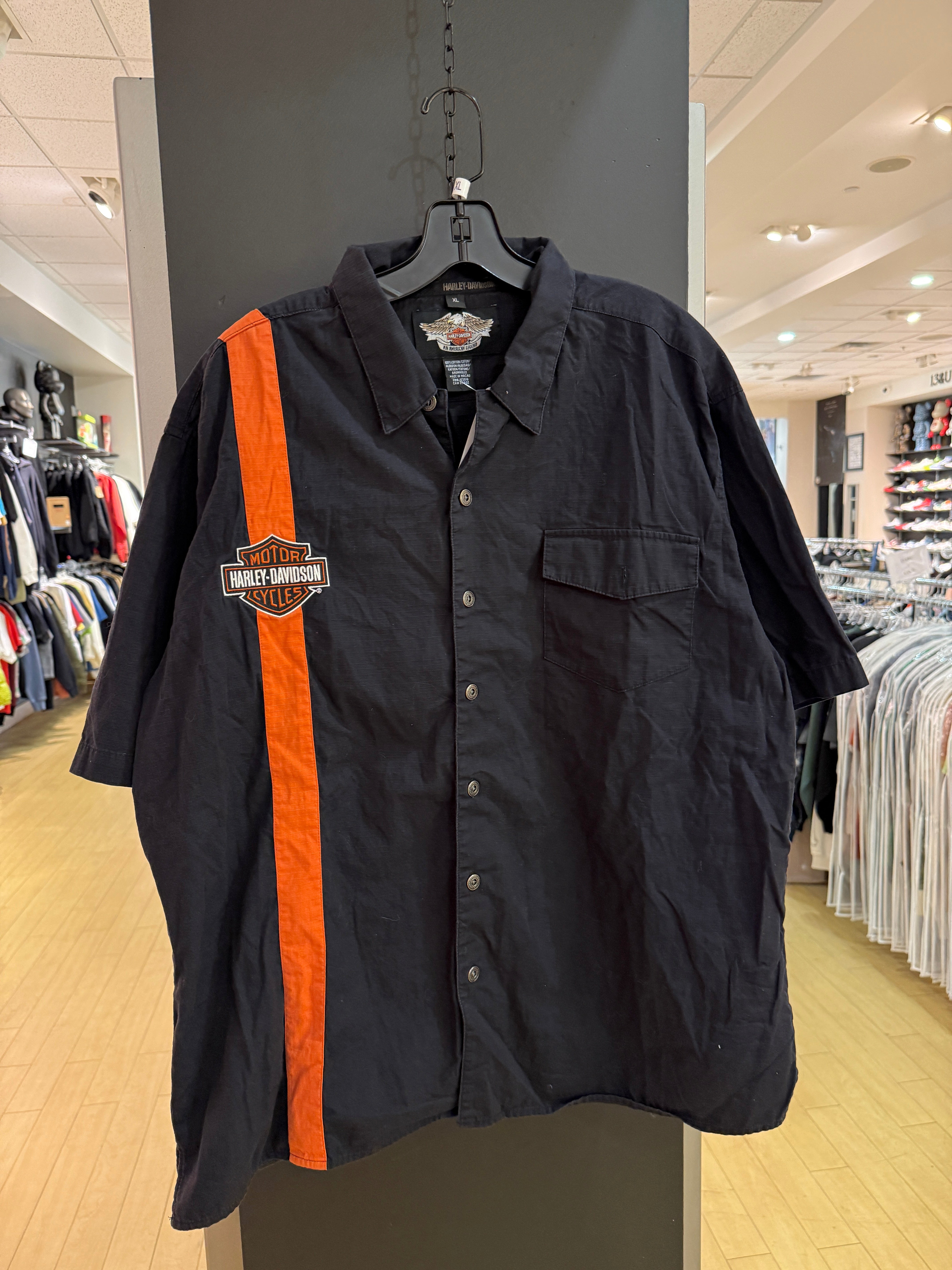 Harley Davidson Black / Orange Stripe Mechanic Shirt Size XL
