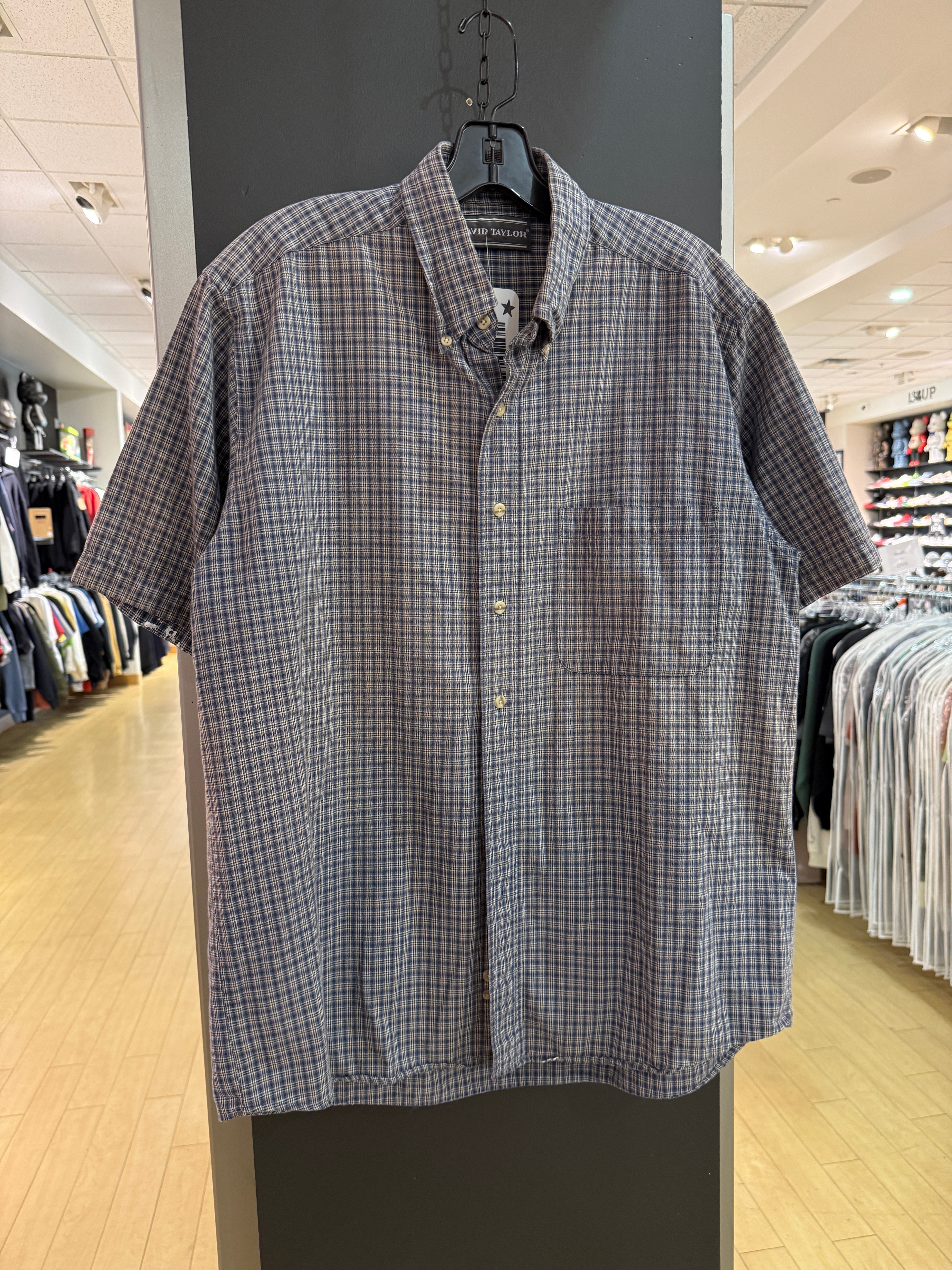 90s David Taylor Navy Blue Plaid Short Sleeve Flannel Size L