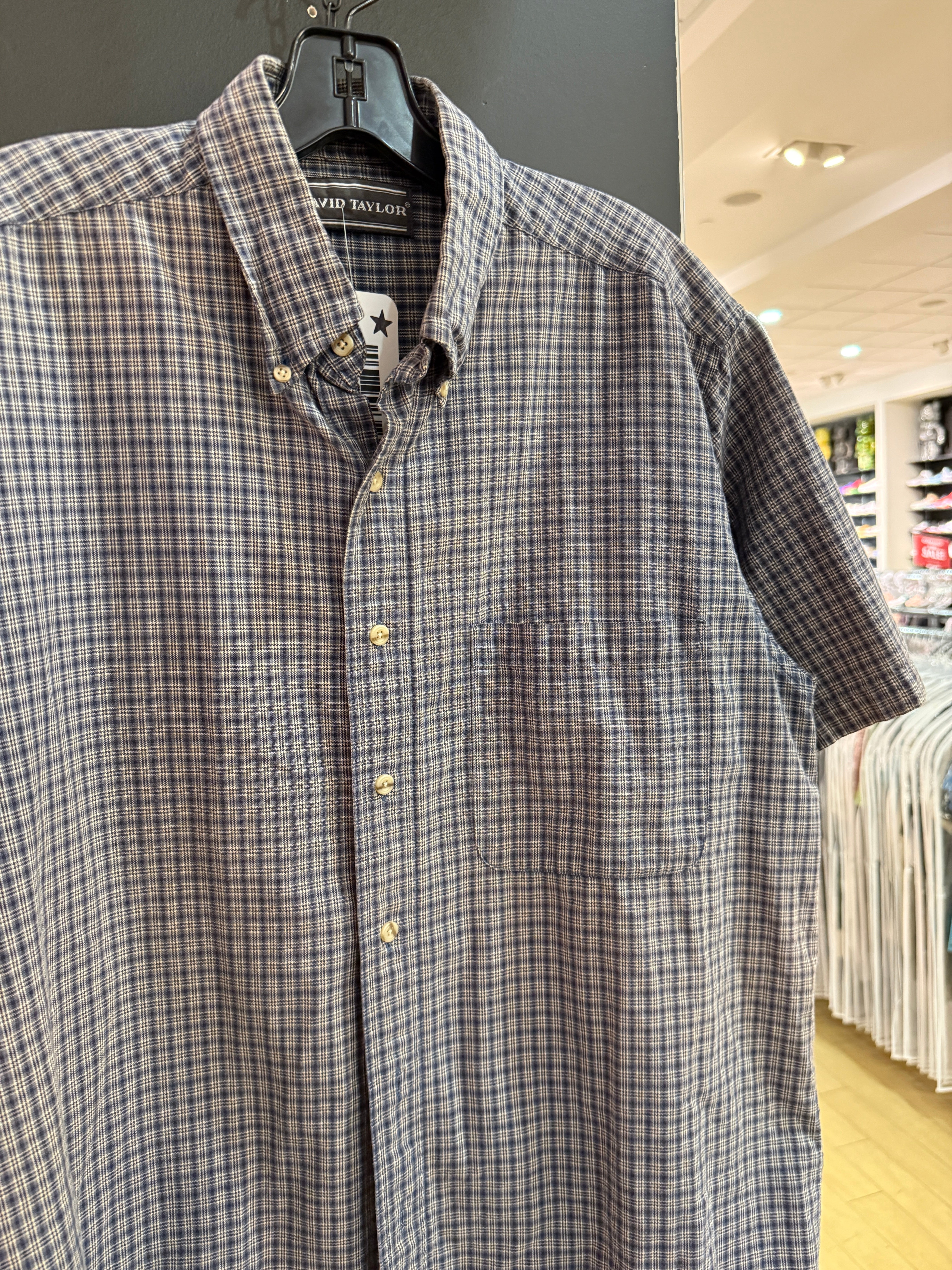 90s David Taylor Navy Blue Plaid Short Sleeve Flannel Size L