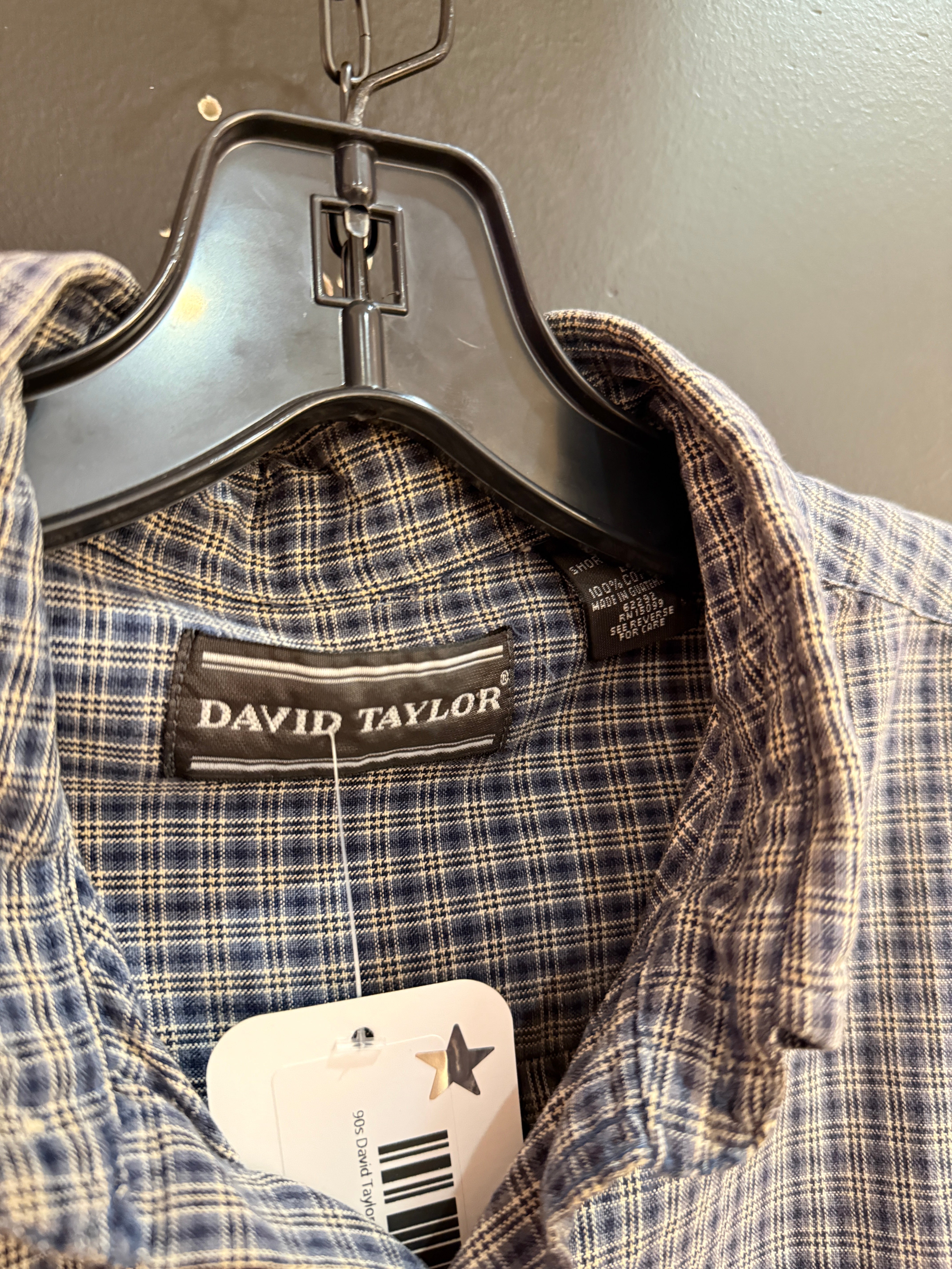 90s David Taylor Navy Blue Plaid Short Sleeve Flannel Size L