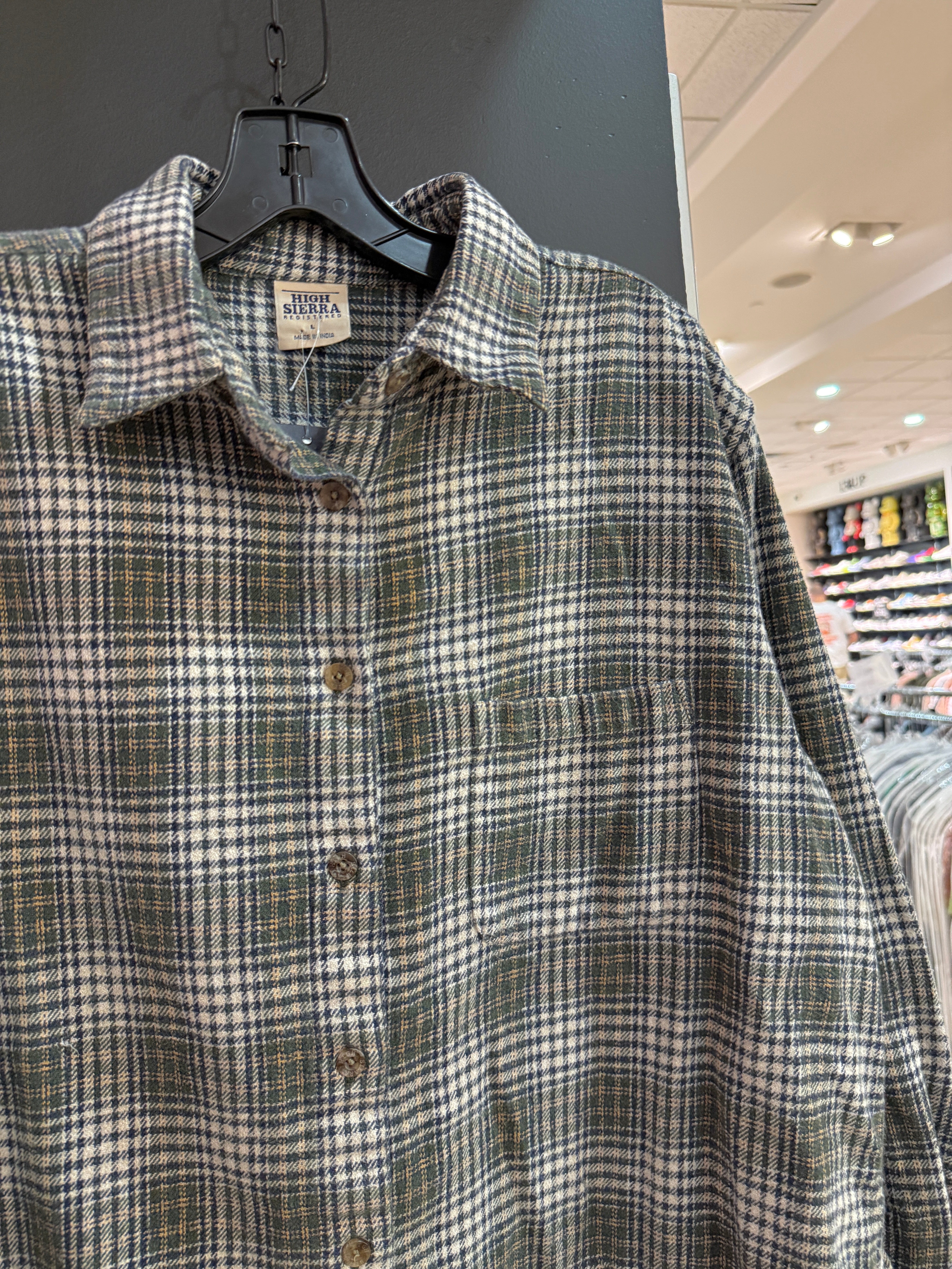 90s High Sierra Olive Green Twill Plaid Flannel Size L