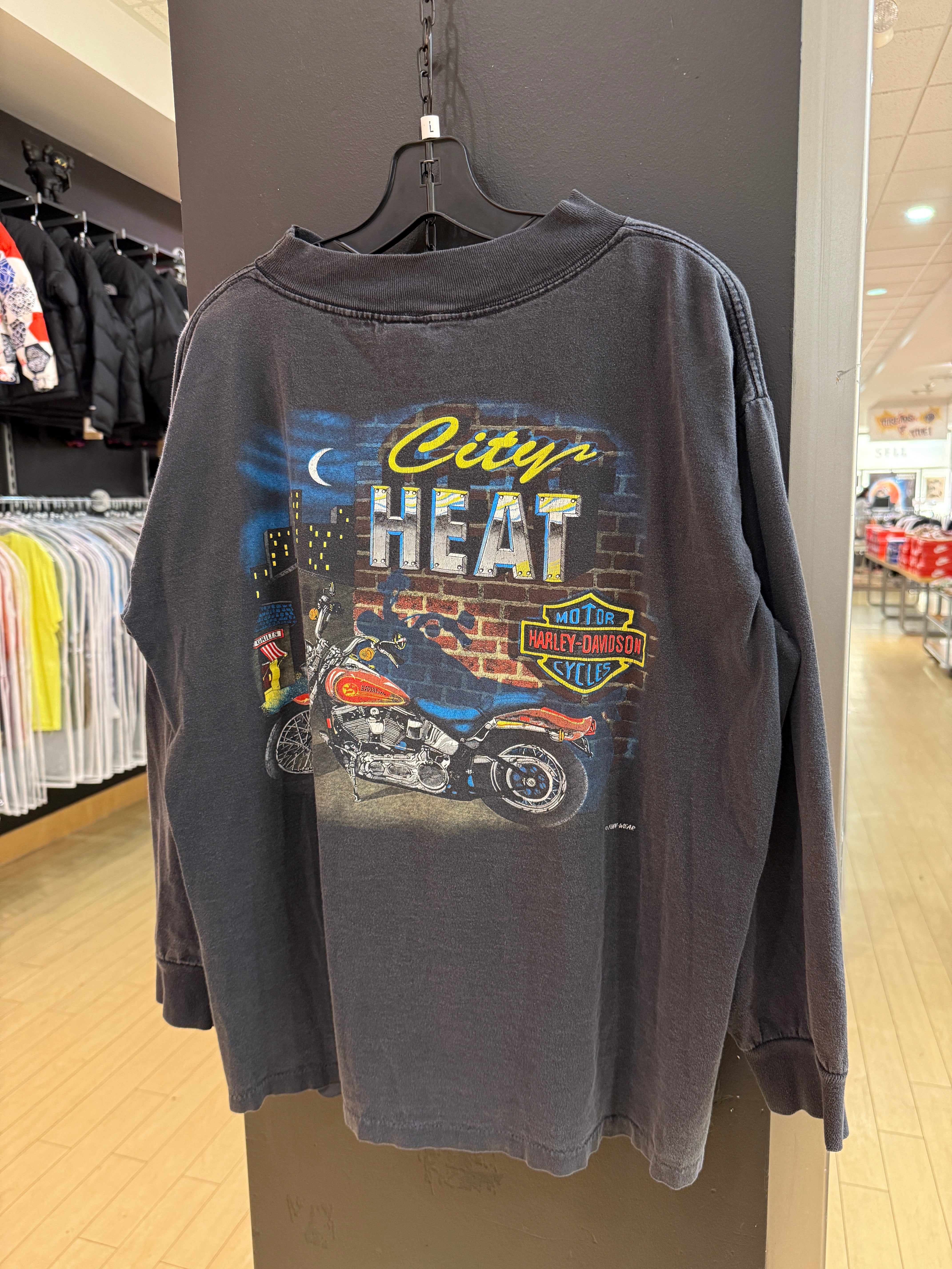 90s Harley Davidson City Heat Long Sleeve Pocket Tee Sz L