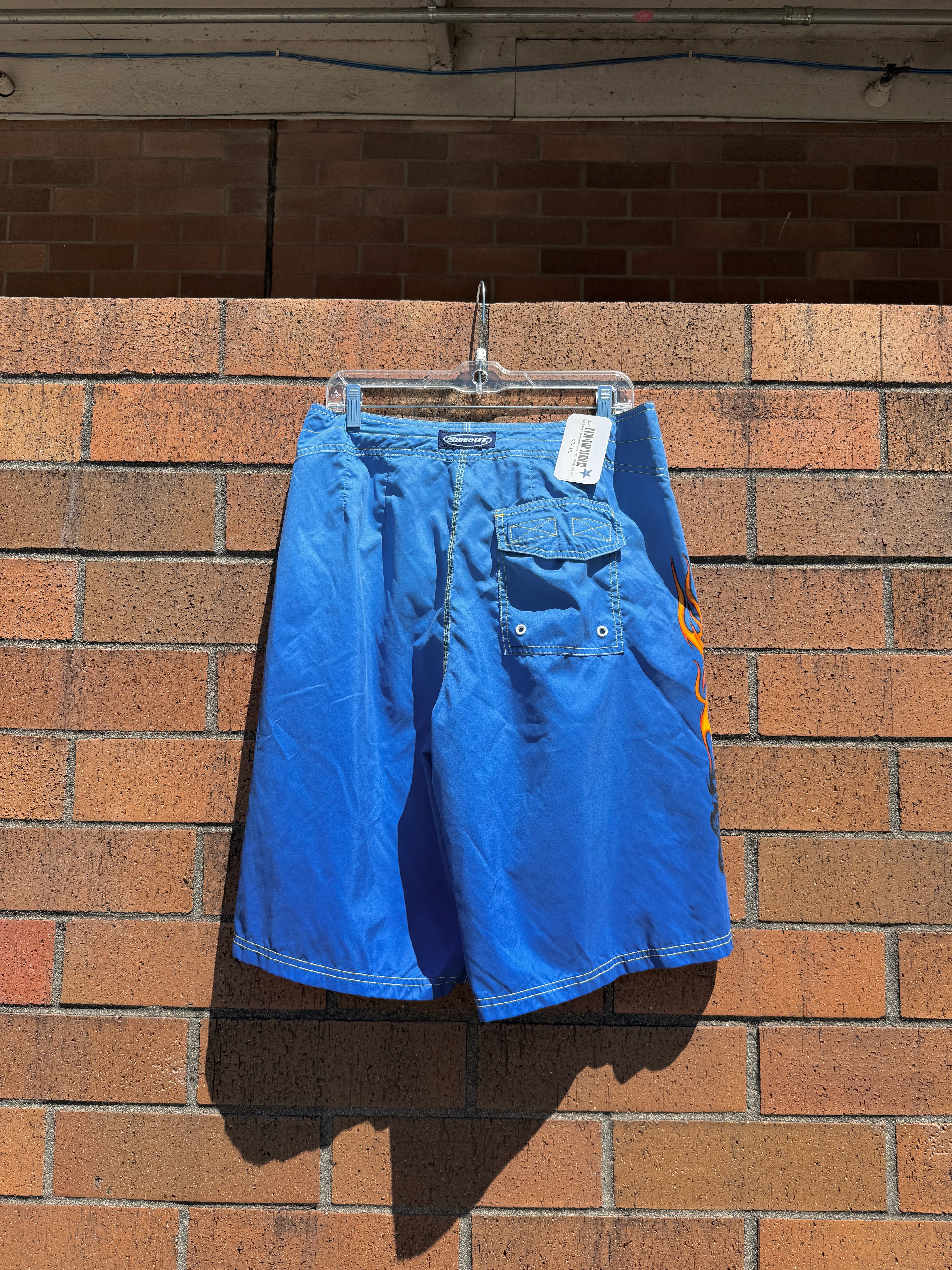 Y2K Sideout Blue Skull Flame Board Shorts Size 36