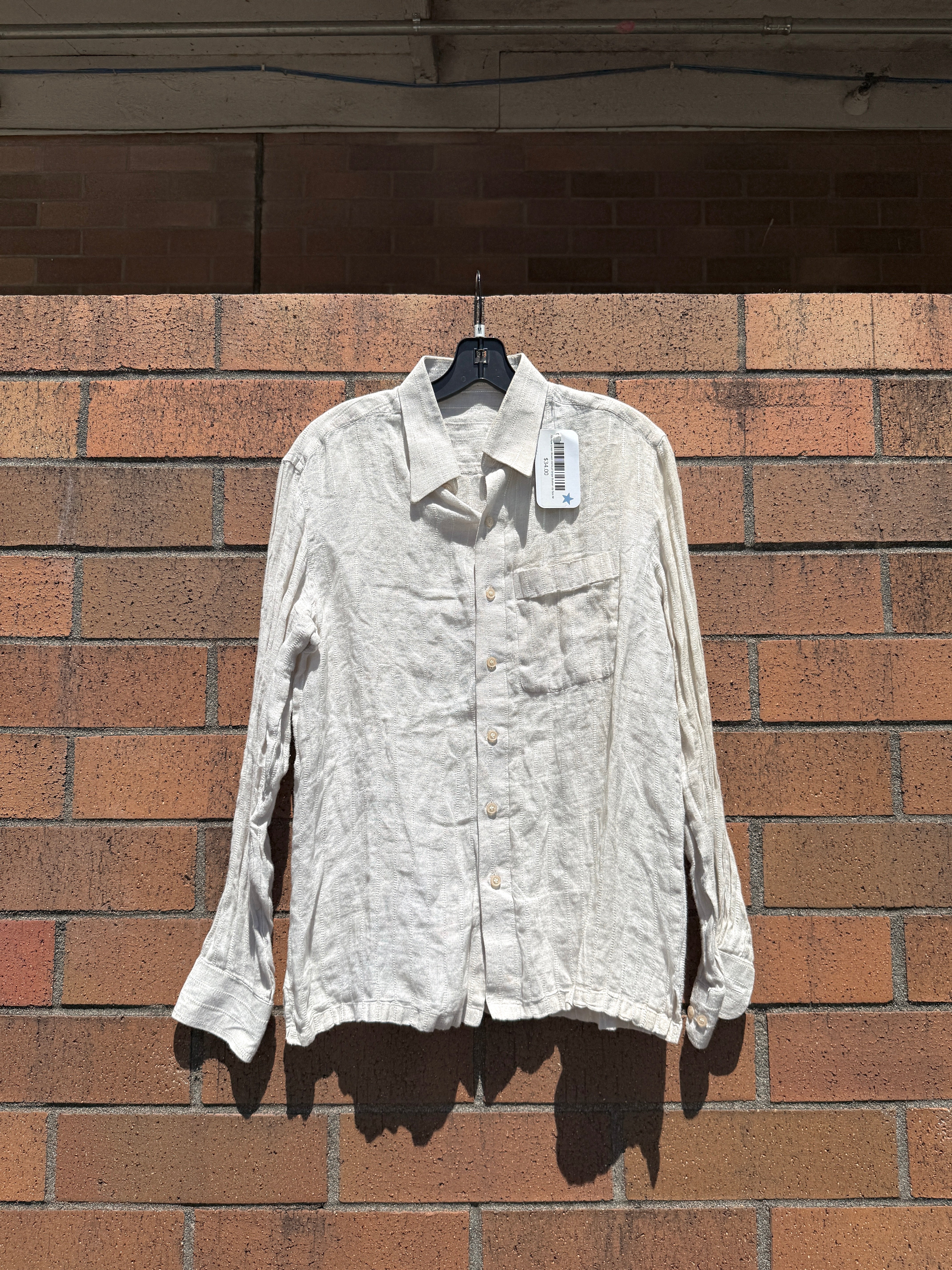 70s Raw Linen Woven Vertical Stripe Button Up Size M