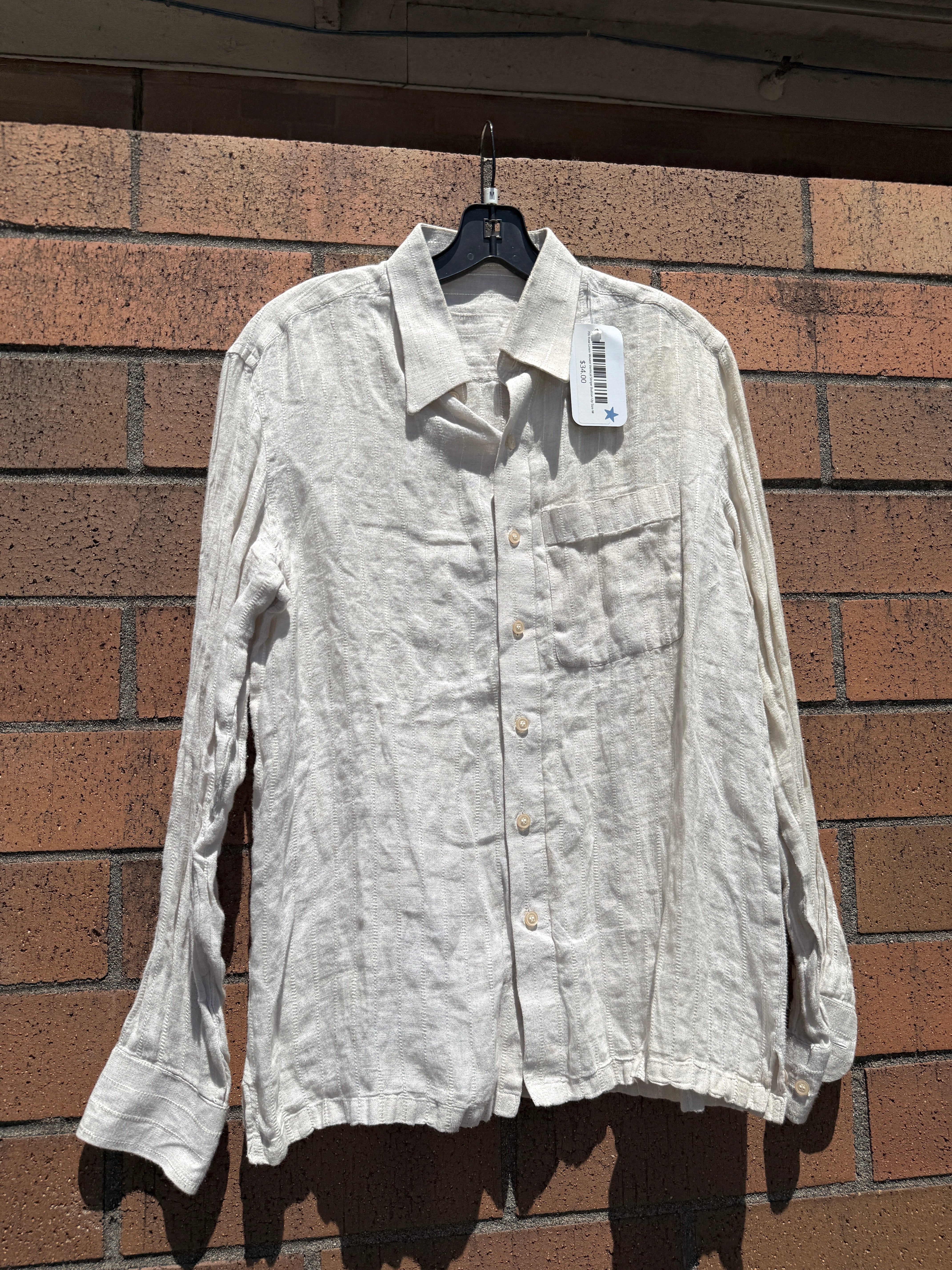 70s Raw Linen Woven Vertical Stripe Button Up Size M
