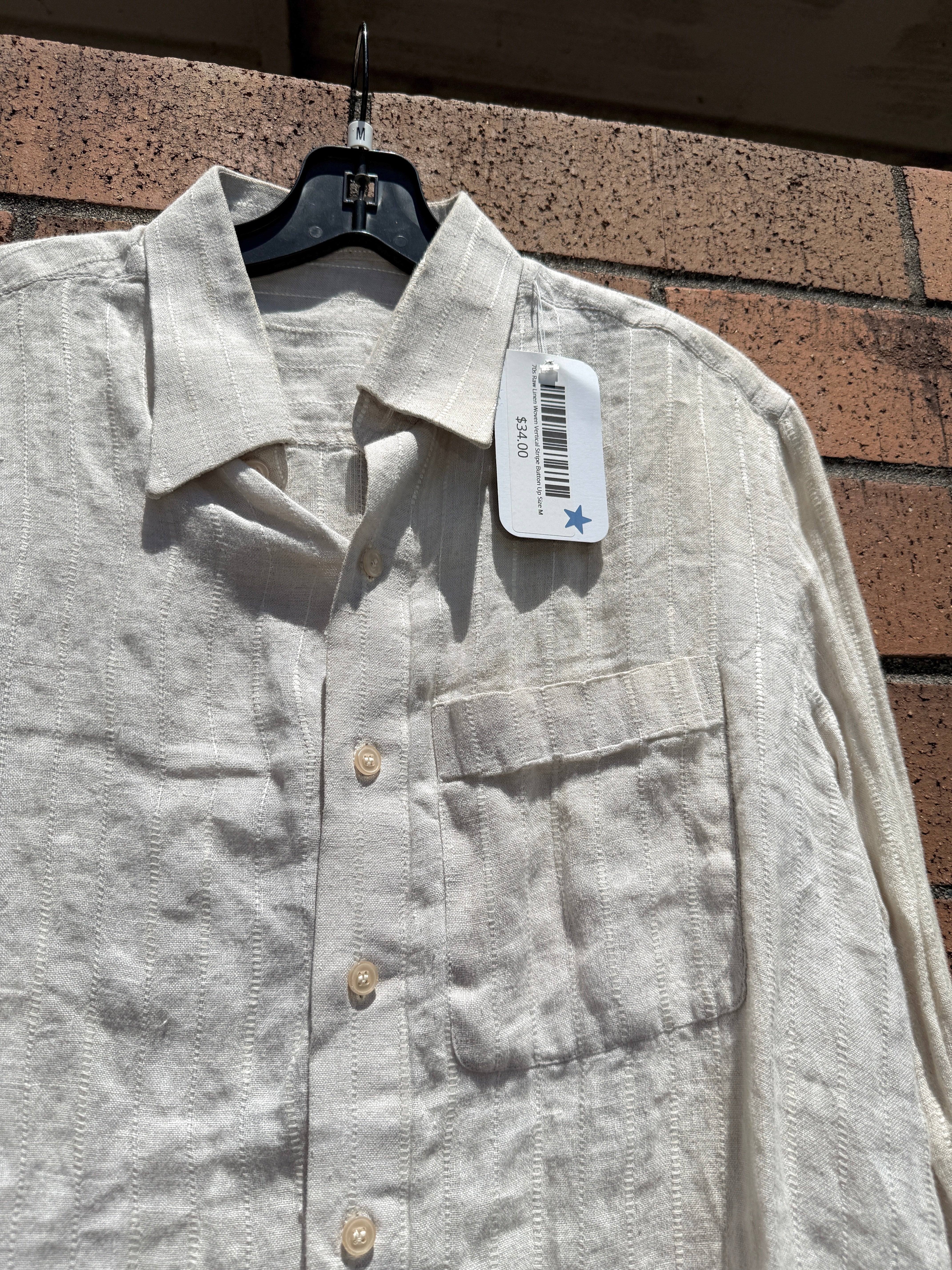 70s Raw Linen Woven Vertical Stripe Button Up Size M