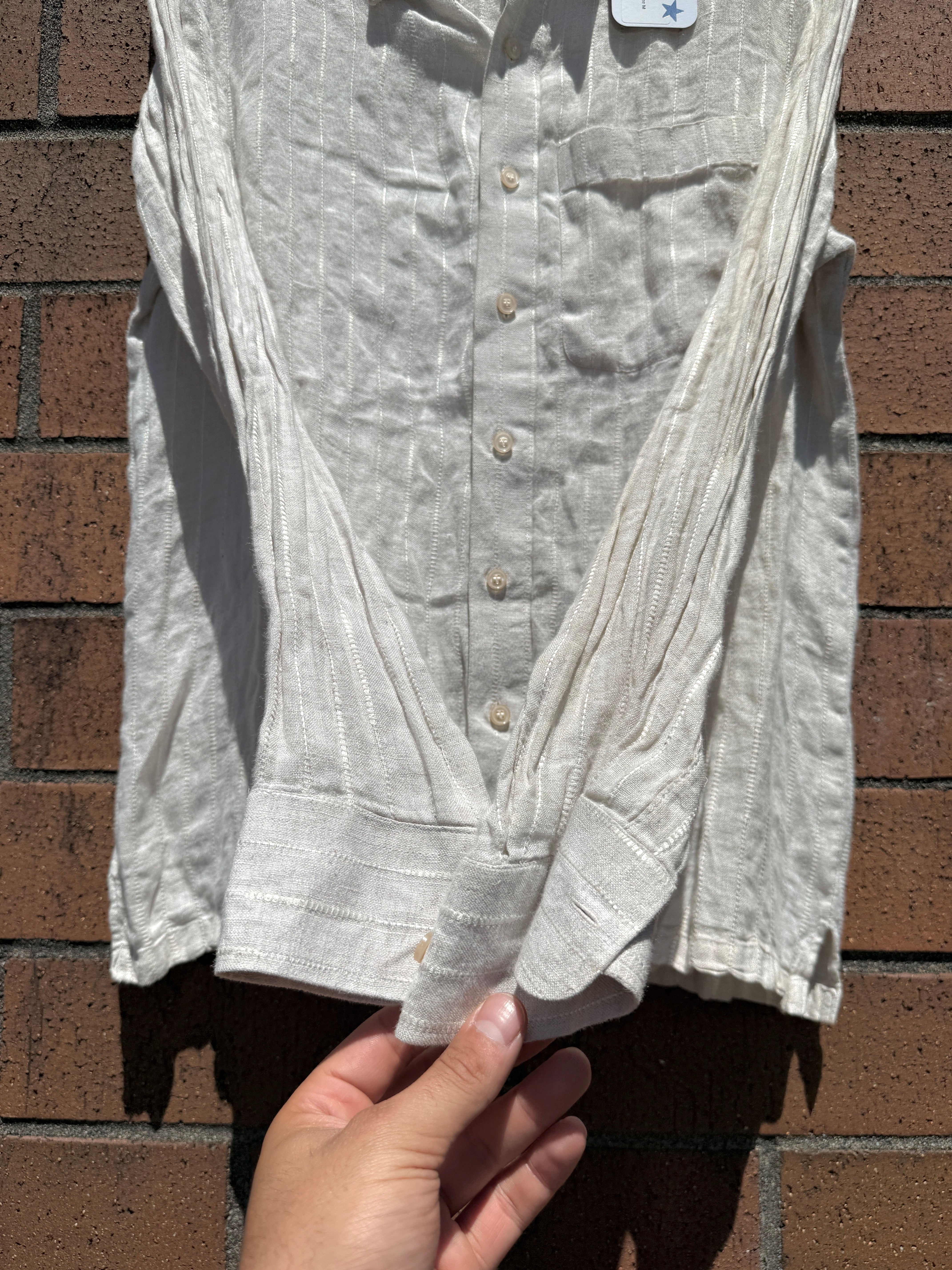 70s Raw Linen Woven Vertical Stripe Button Up Size M