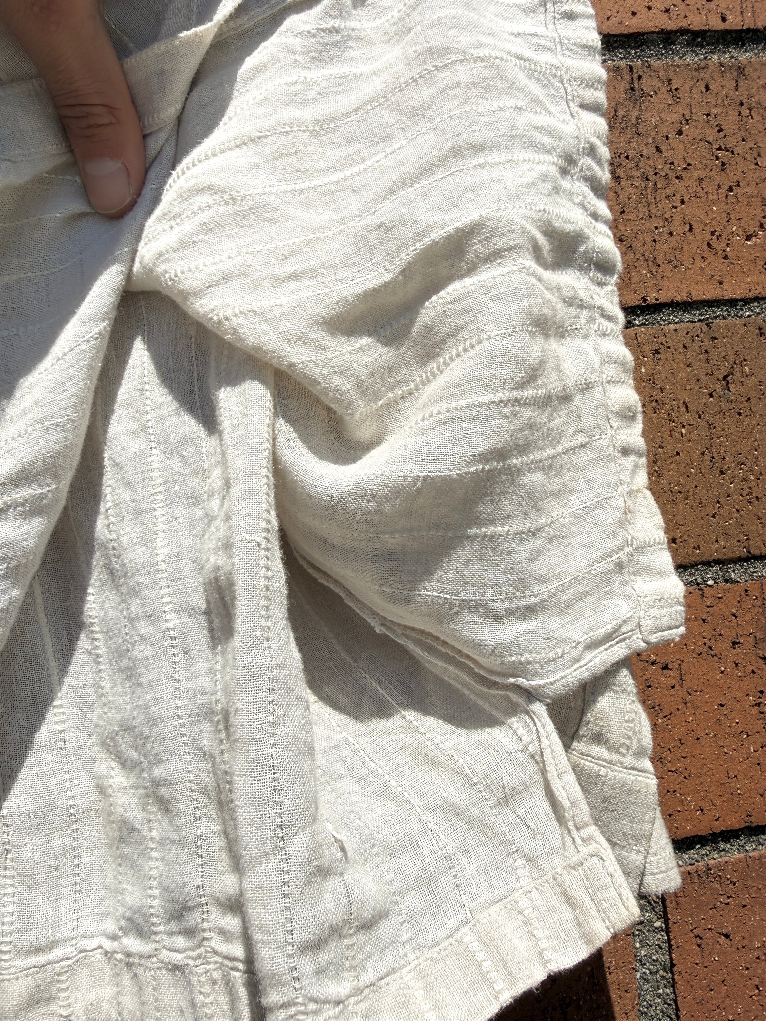 70s Raw Linen Woven Vertical Stripe Button Up Size M