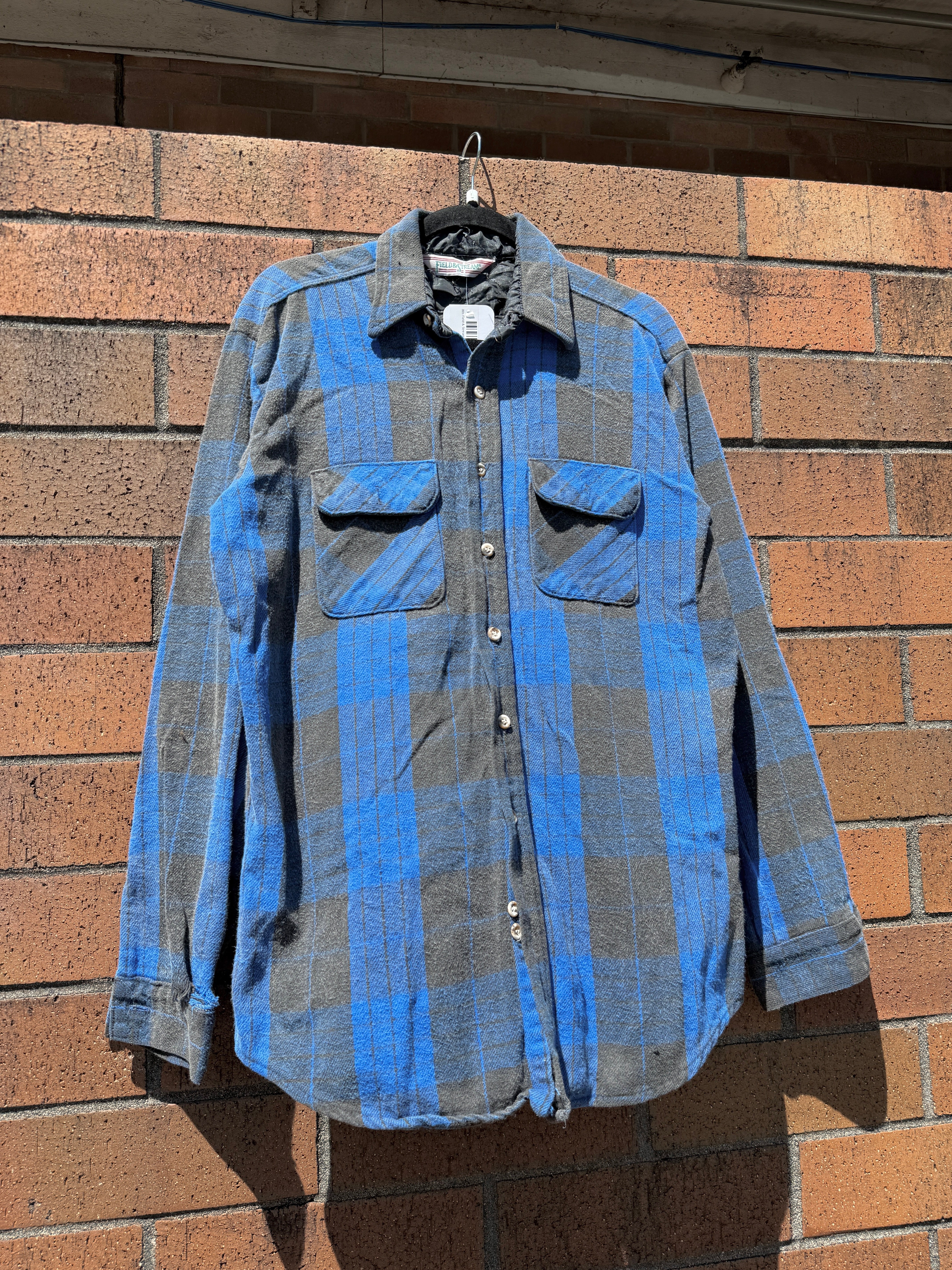 80s Field & Stream Black / Blue Plaid Flannel Size L