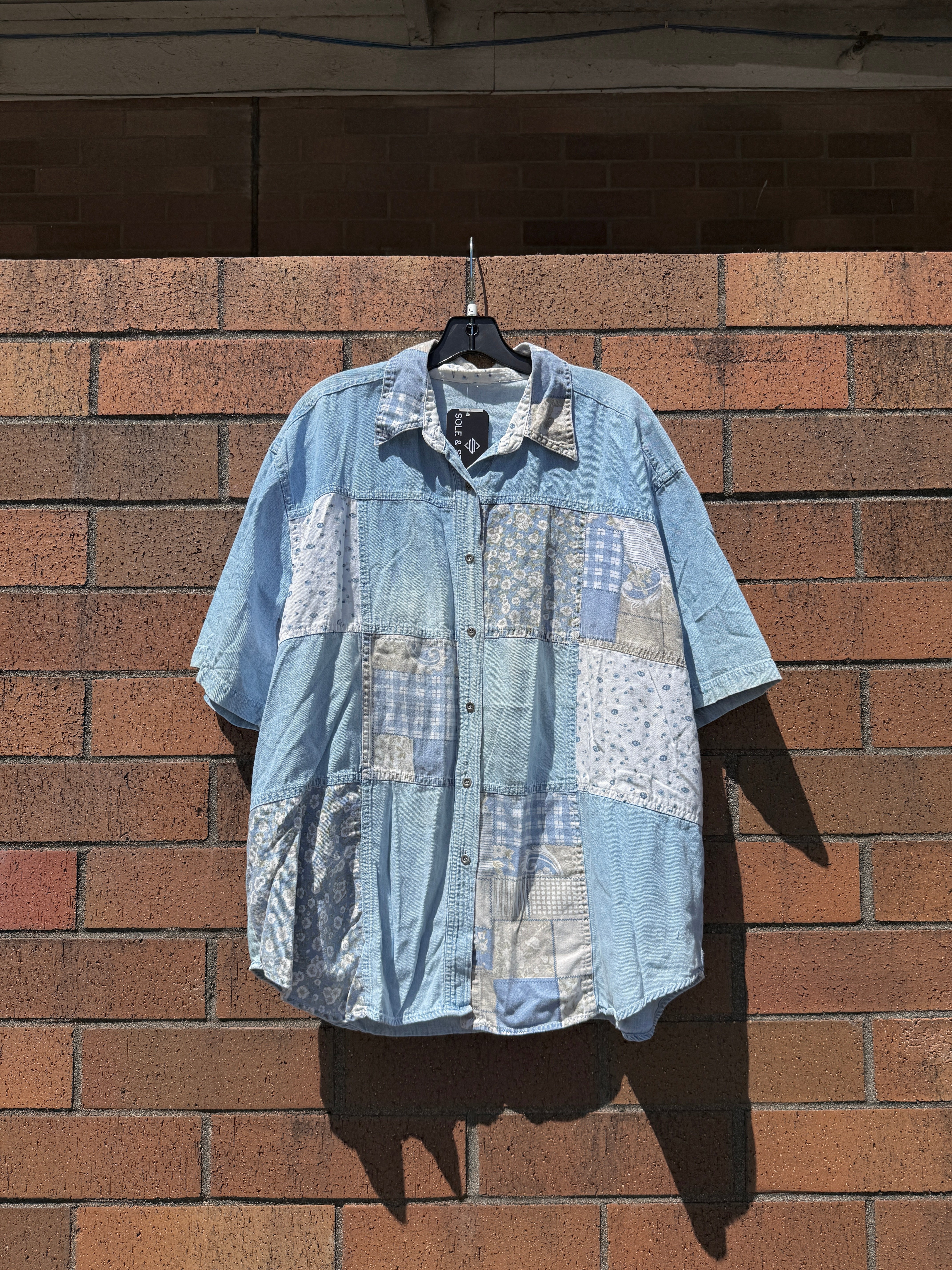 Y2K Denim Patchwork Short Sleeve Button Up Size XL