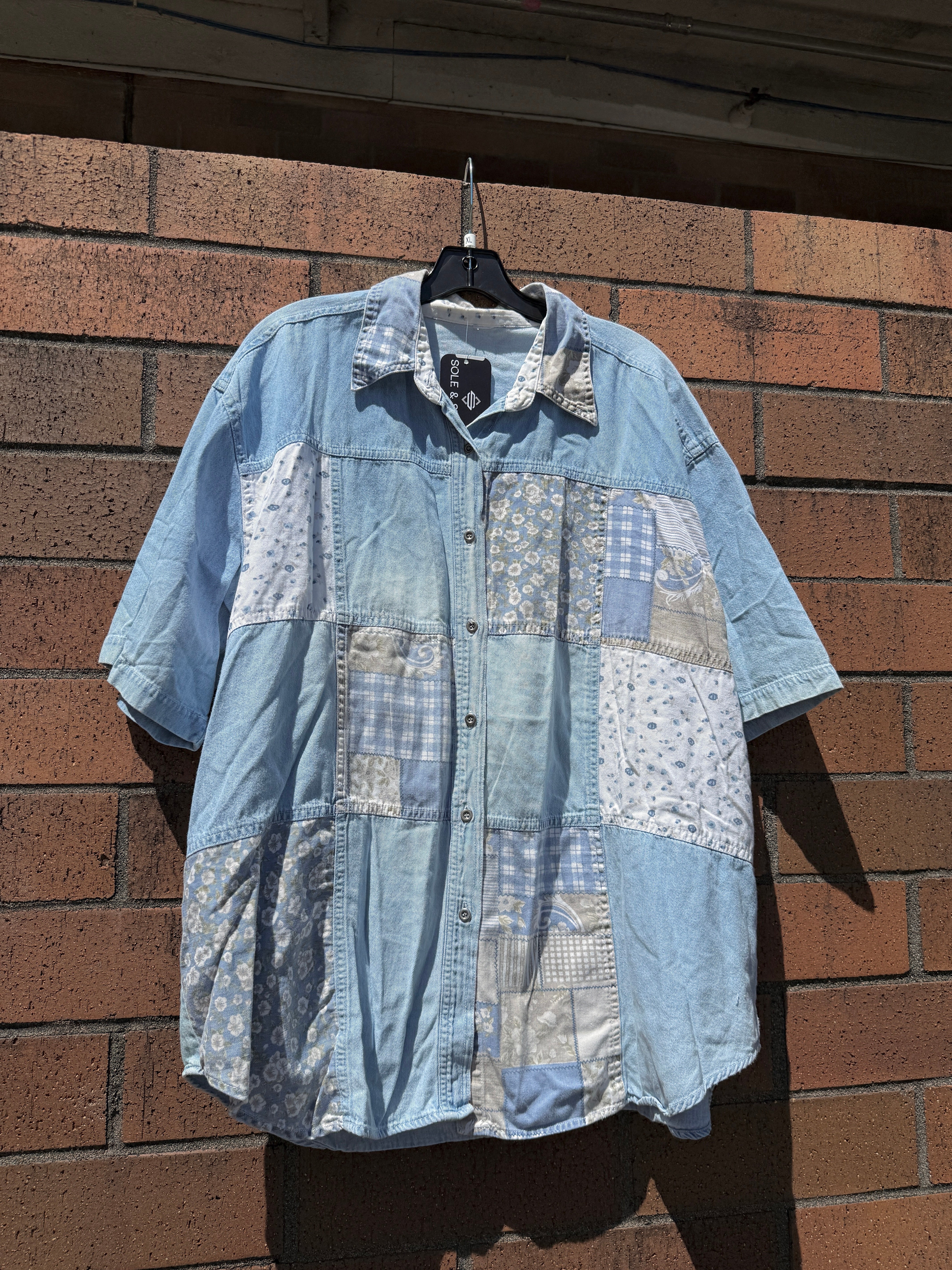 Y2K Denim Patchwork Short Sleeve Button Up Size XL