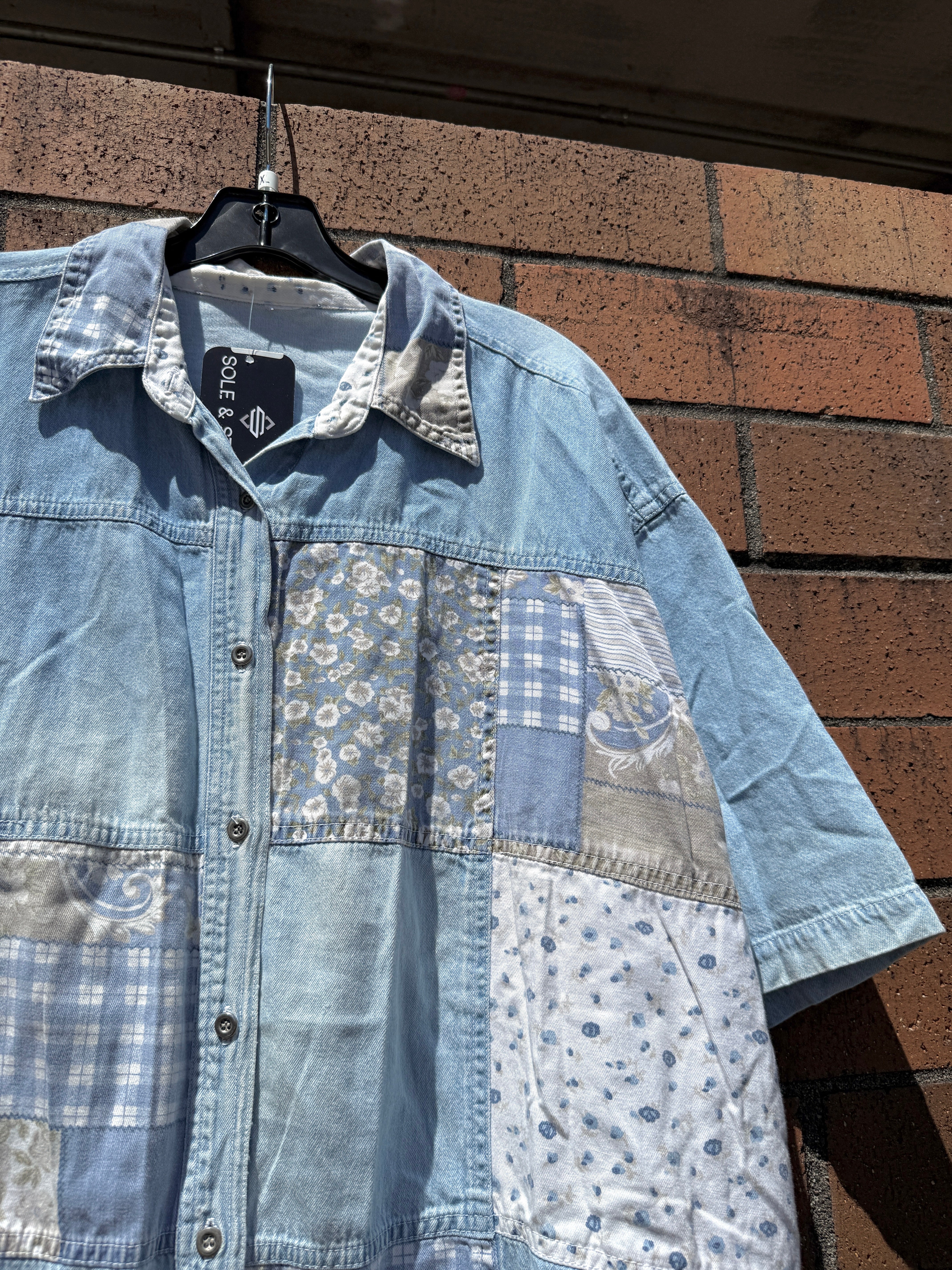 Y2K Denim Patchwork Short Sleeve Button Up Size XL