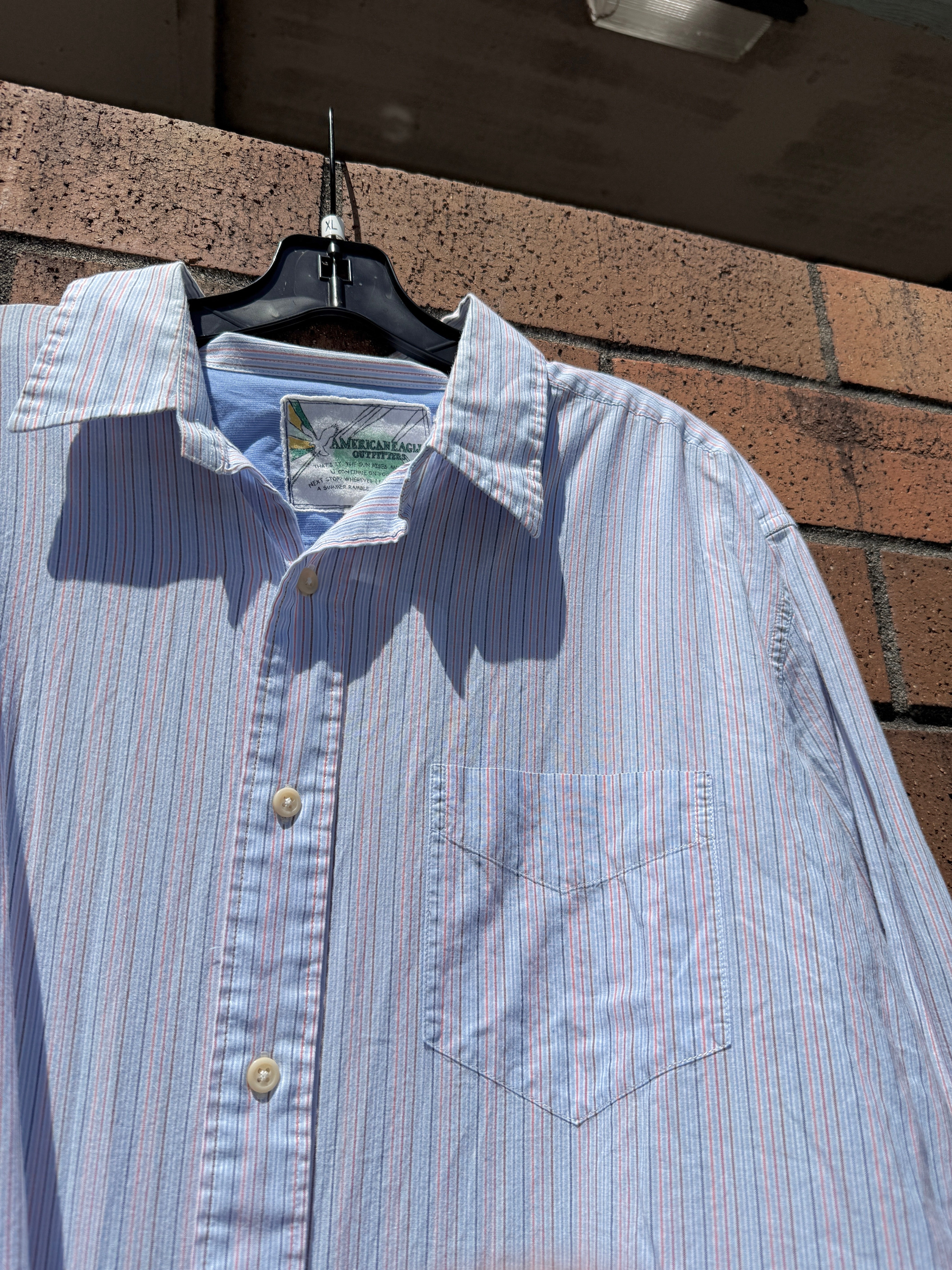 Y2K American Eagle Lightweight Blue Vertical Stripe Button Up Size XL