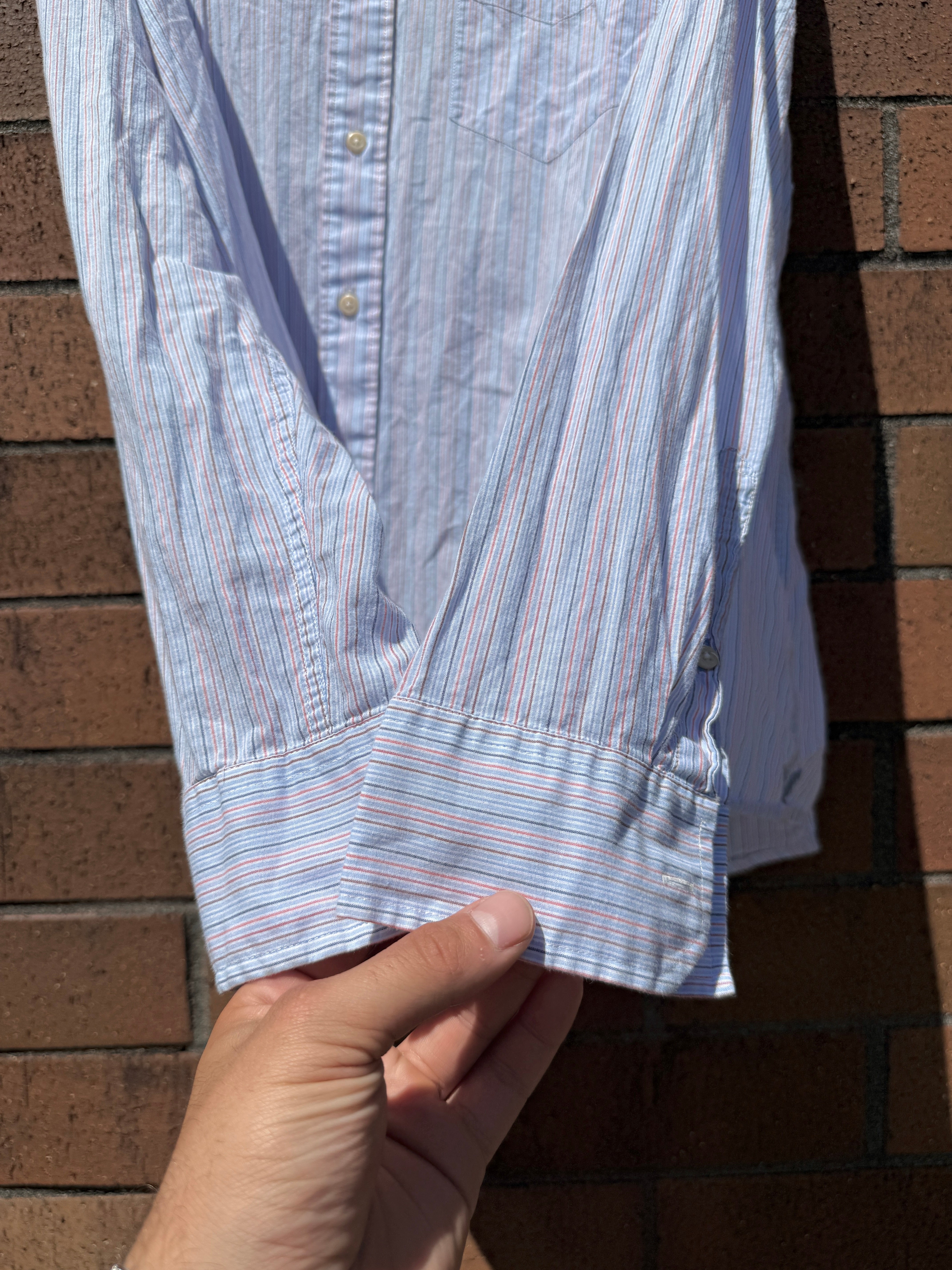 Y2K American Eagle Lightweight Blue Vertical Stripe Button Up Size XL