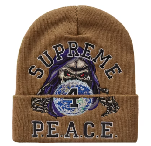 Supreme Peace Embroidered Beanie Tan