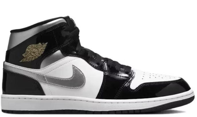 Jordan 1 Mid SE Patent Black White Metallic Silver Metallic Gold SZ 12 MISSING LID