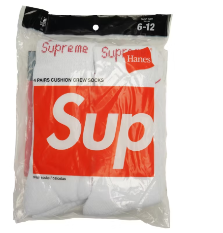 Supreme Hanes Crew Socks (4 Pack) White RIPPED PACKAGE